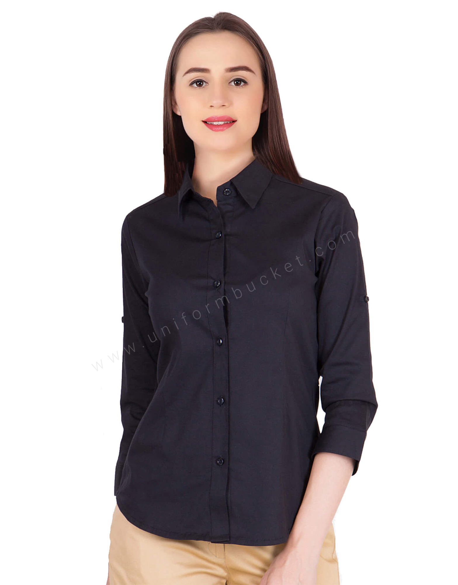 3- 4th Sleeve Button-Down Black Shirt