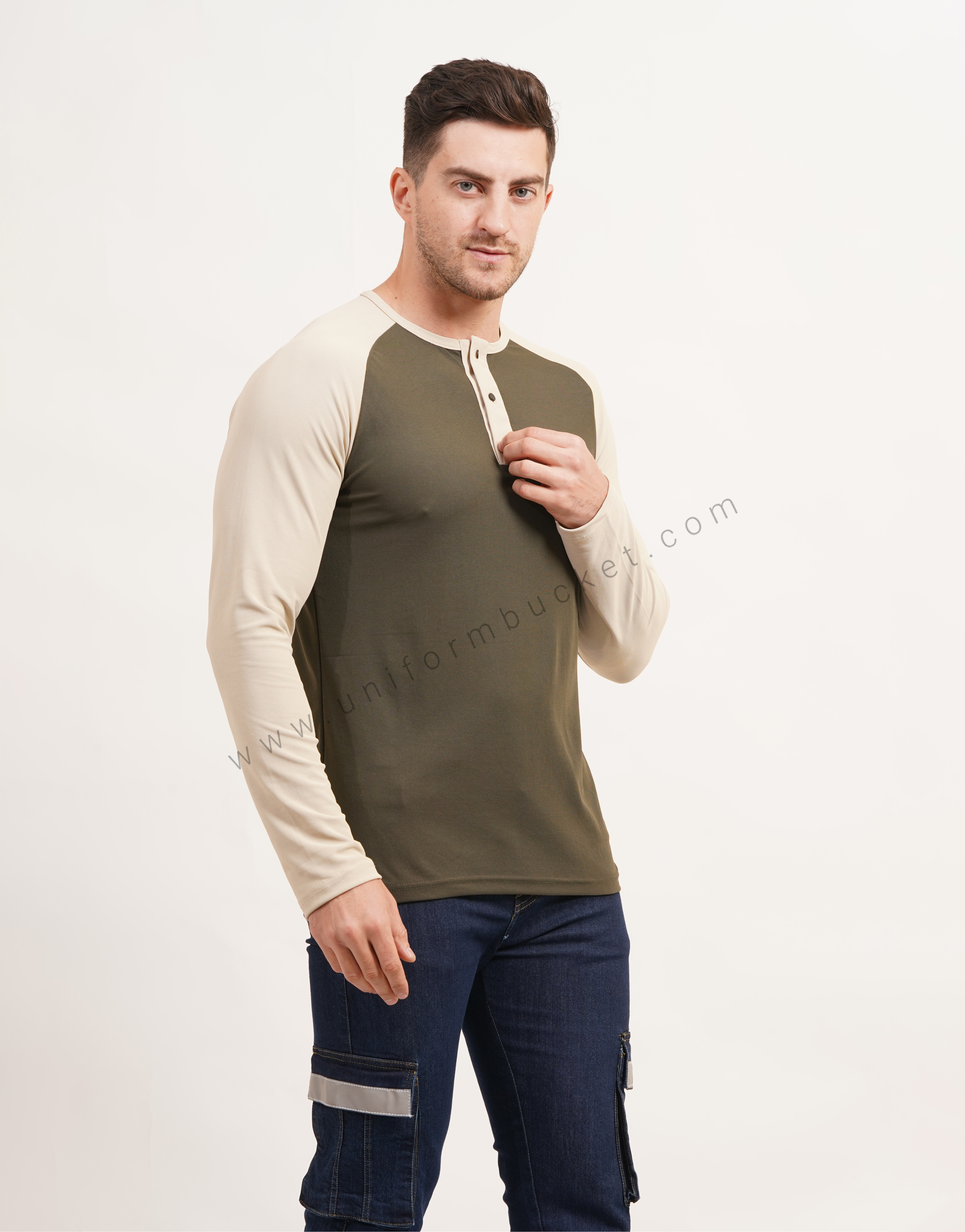 Army Green & Beige Polo T-Shirt With  Raglan Sleeve