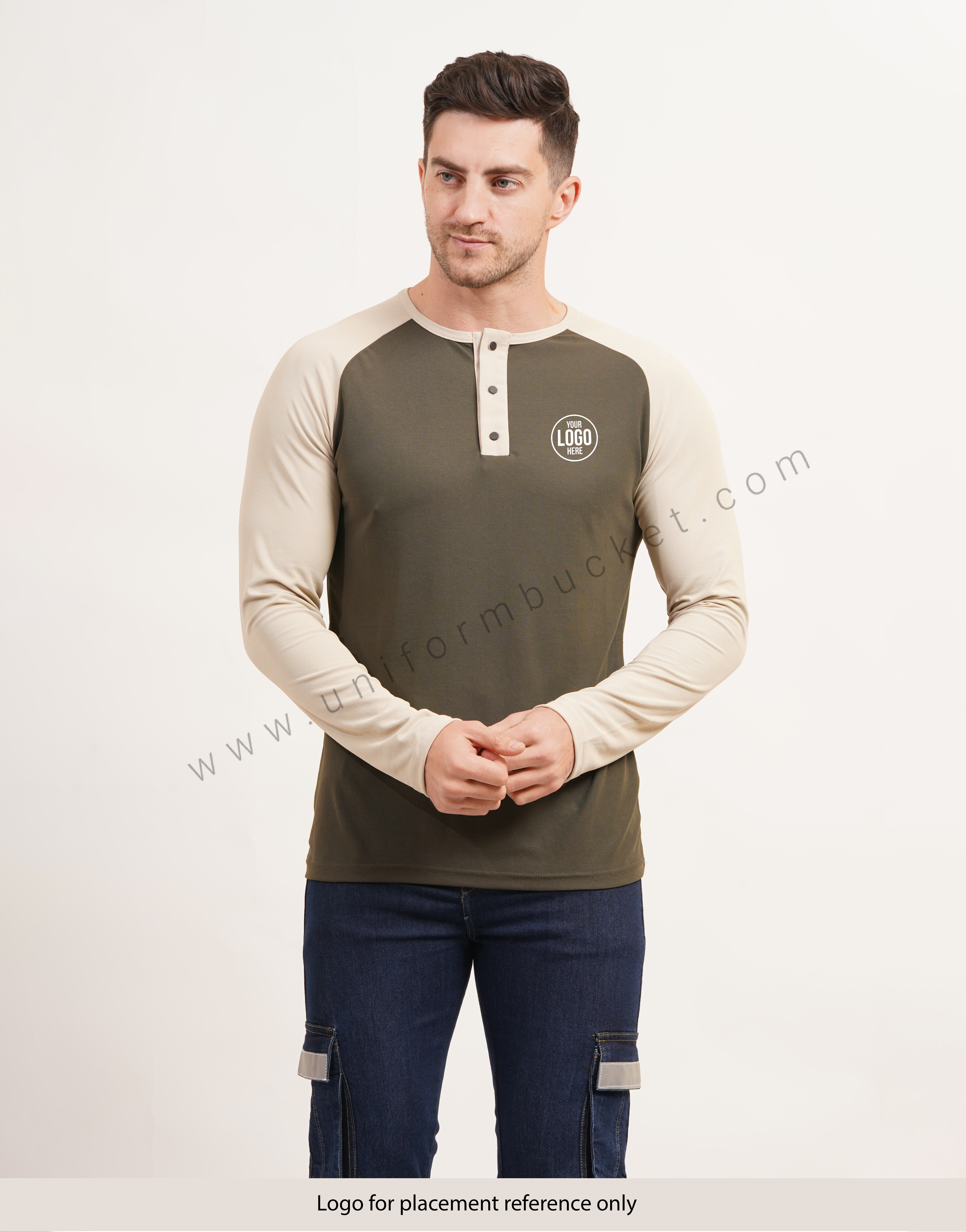Army Green & Beige Polo T-Shirt With  Raglan Sleeve