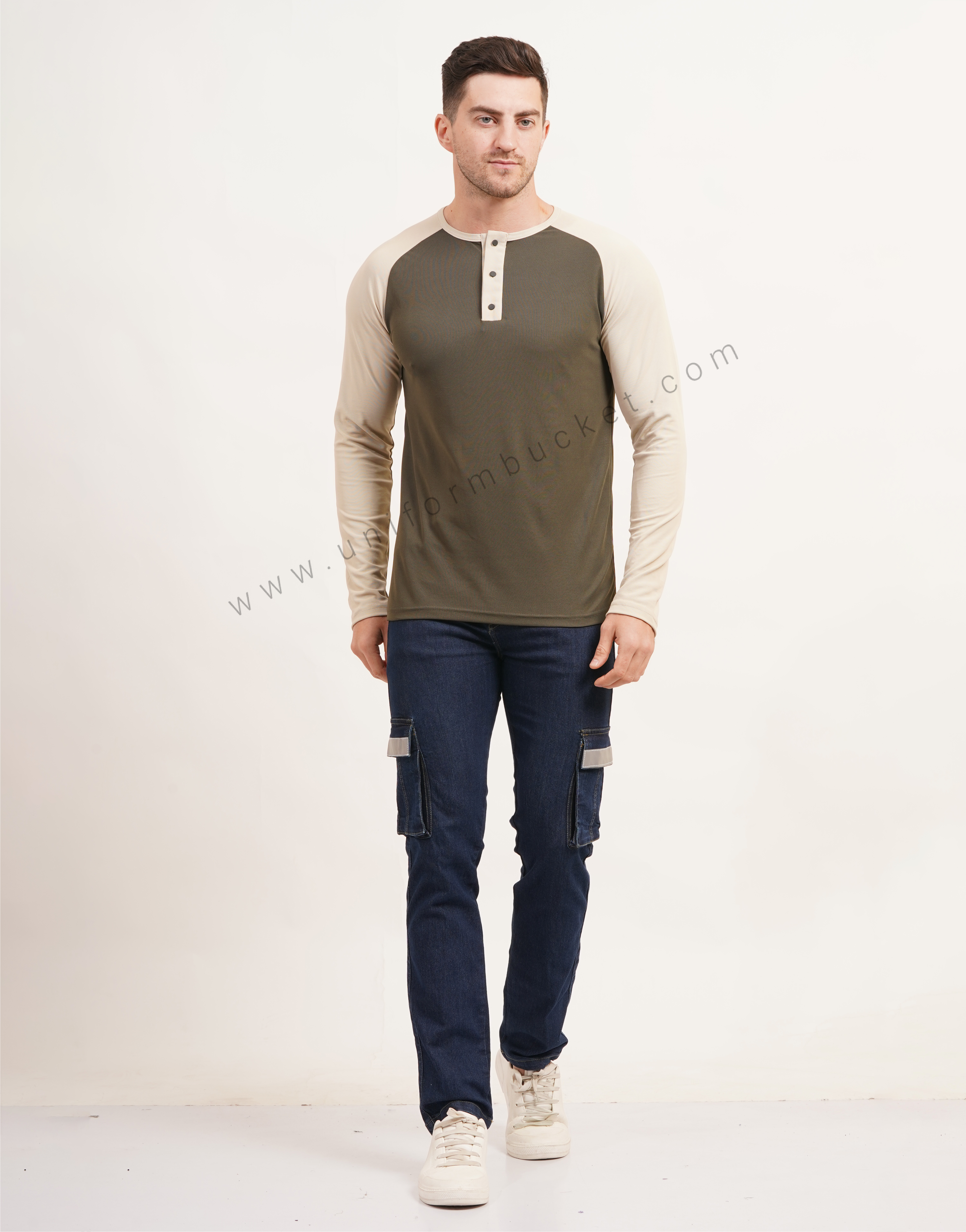 Army Green & Beige Polo T-Shirt With  Raglan Sleeve