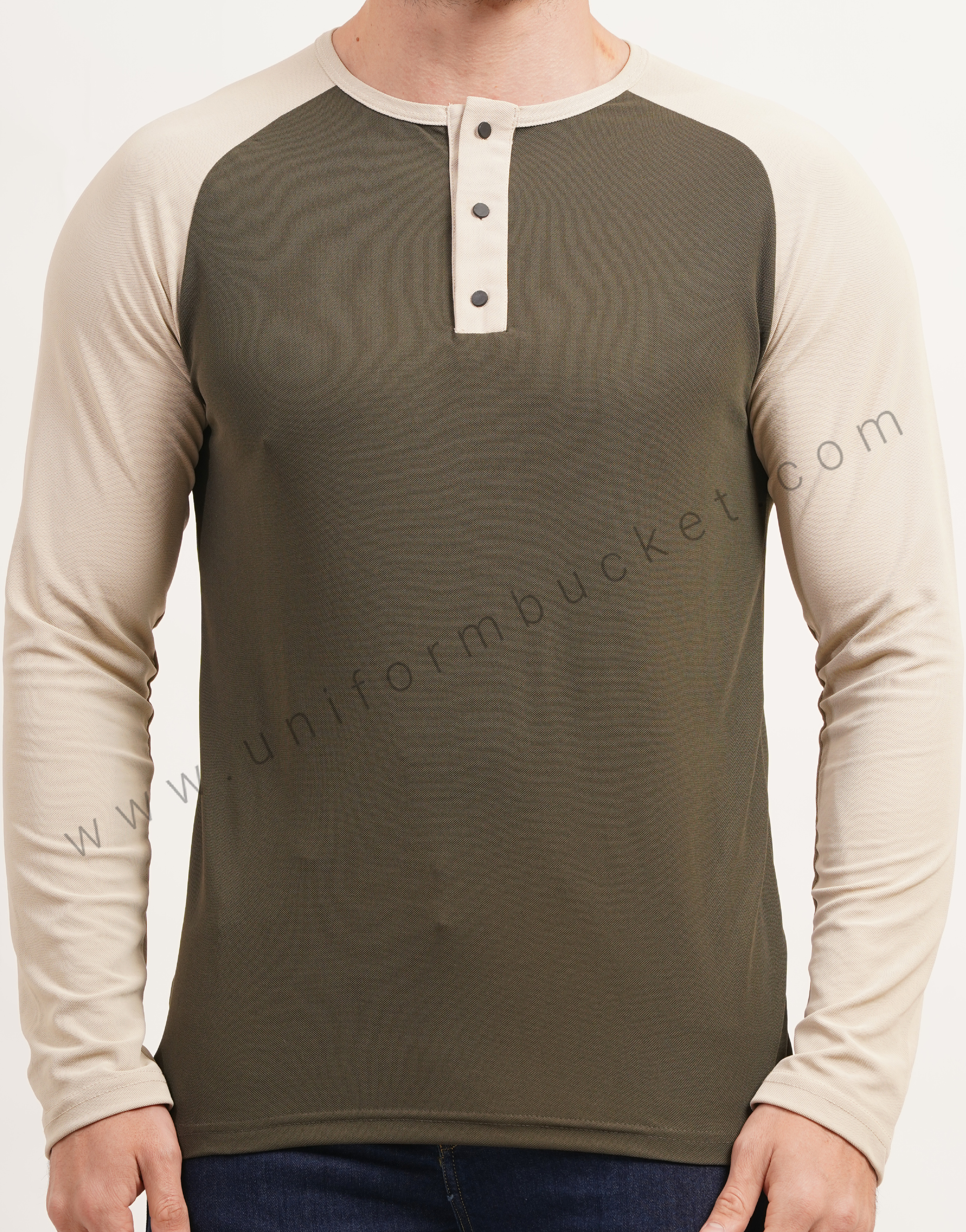 Army Green & Beige Polo T-Shirt With  Raglan Sleeve