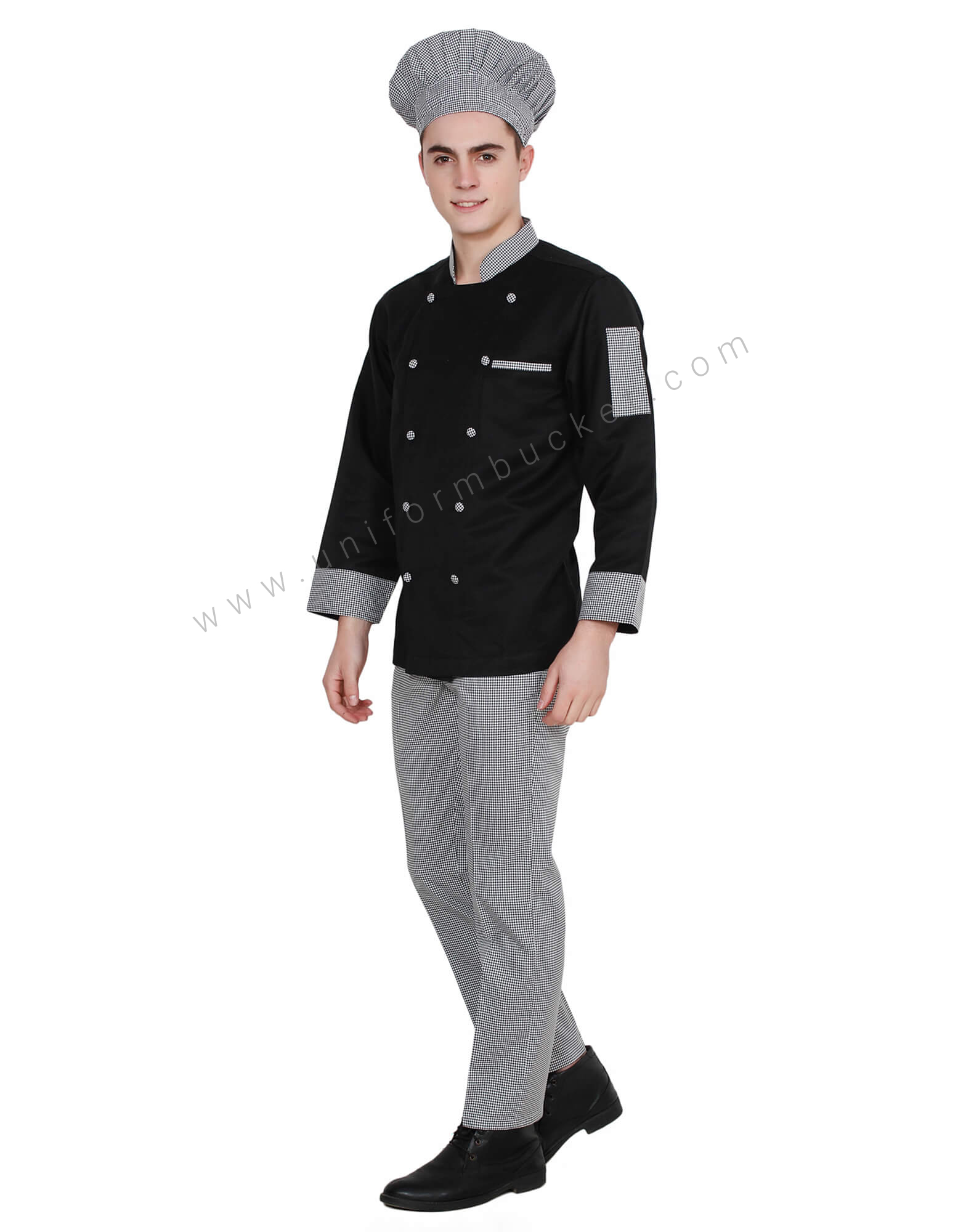 Black Double Breasted Chef Coat with Check Pattern