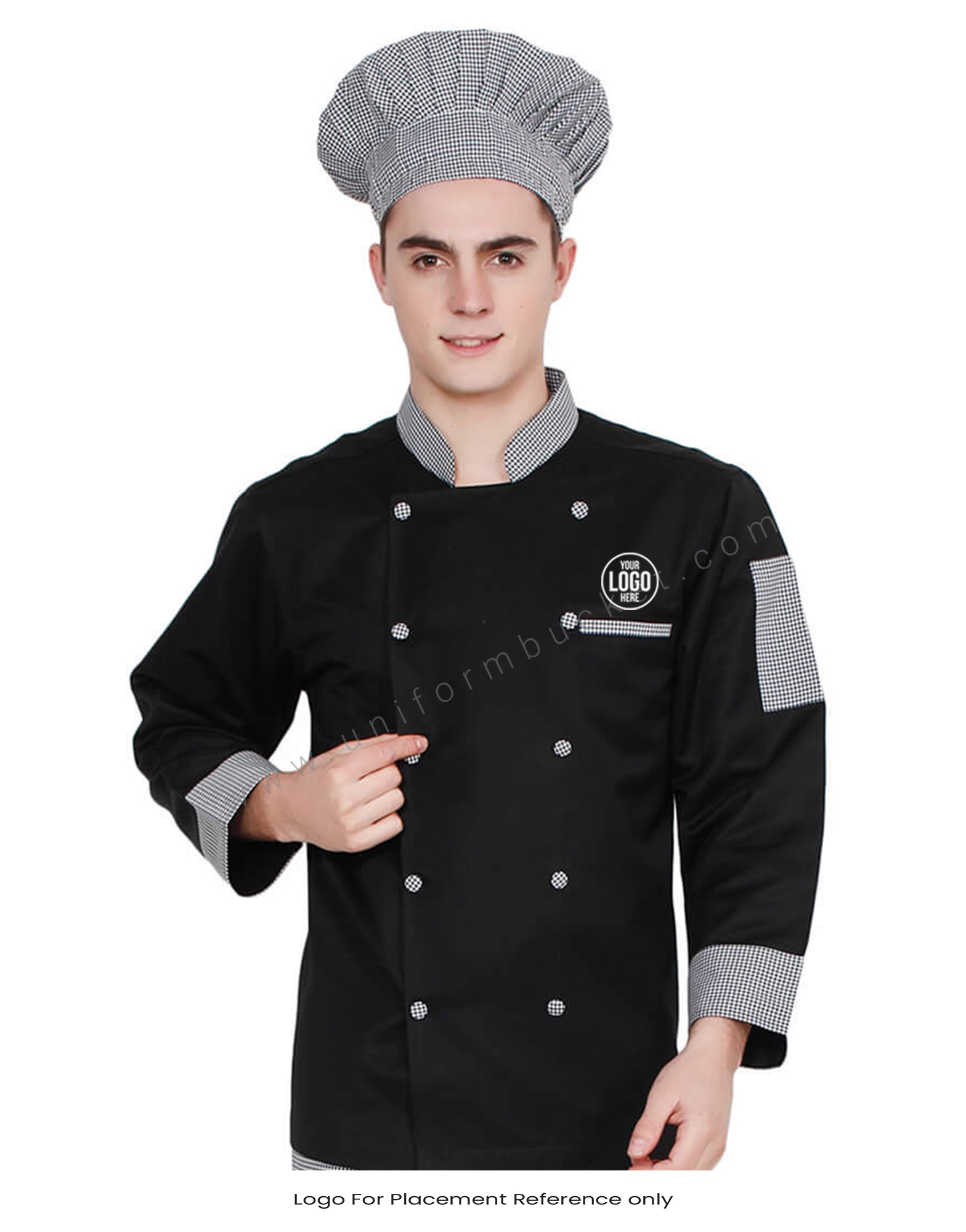 Black Double Breasted Chef Coat with Check Pattern