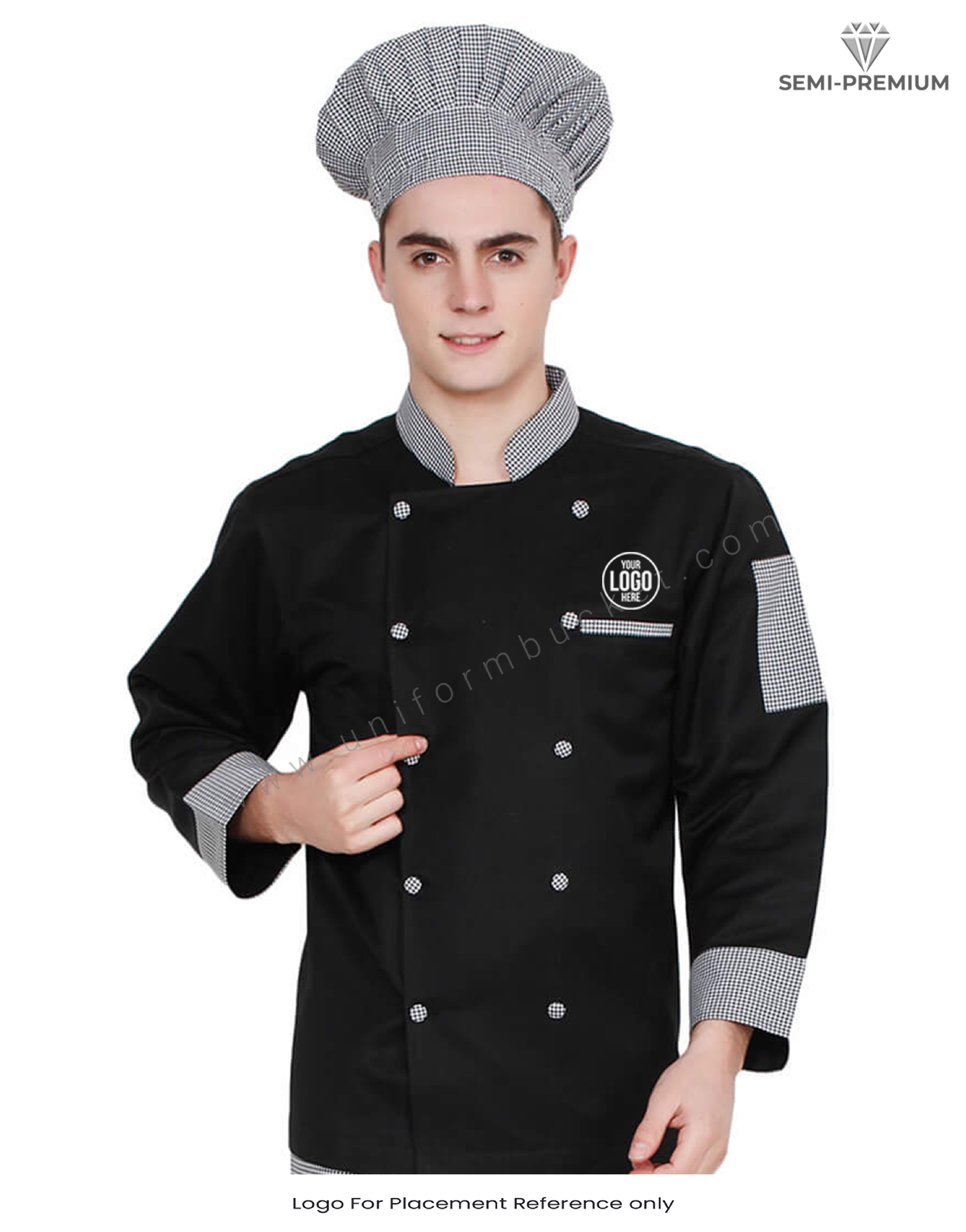 Black Double Breasted Chef Coat with Check Pattern