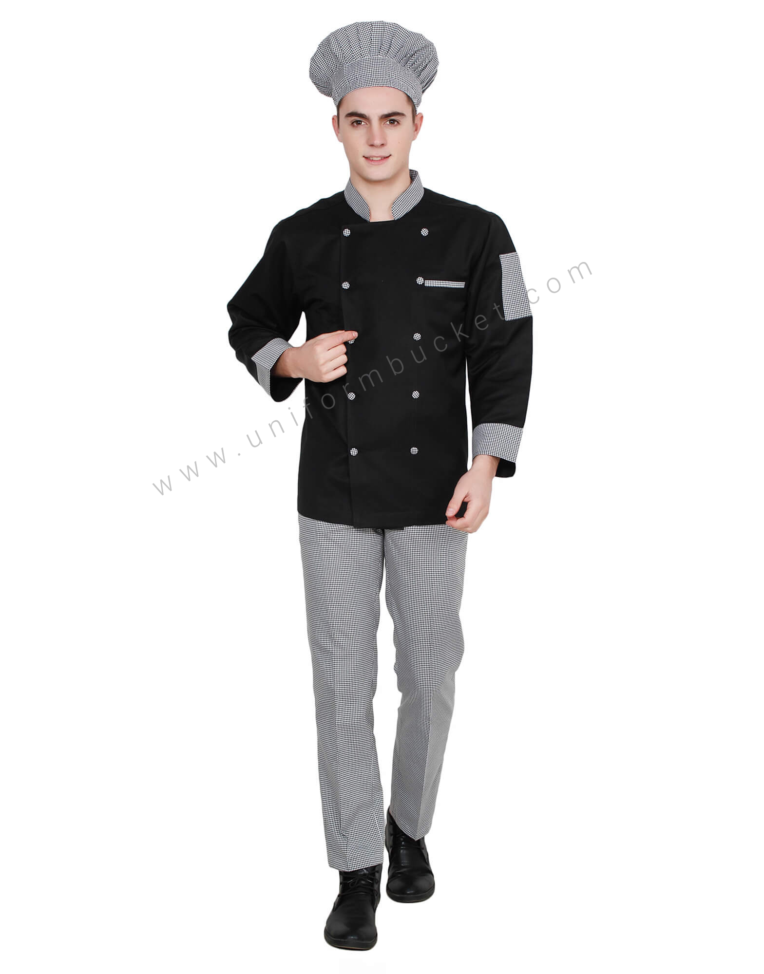 Black Double Breasted Chef Coat with Check Pattern