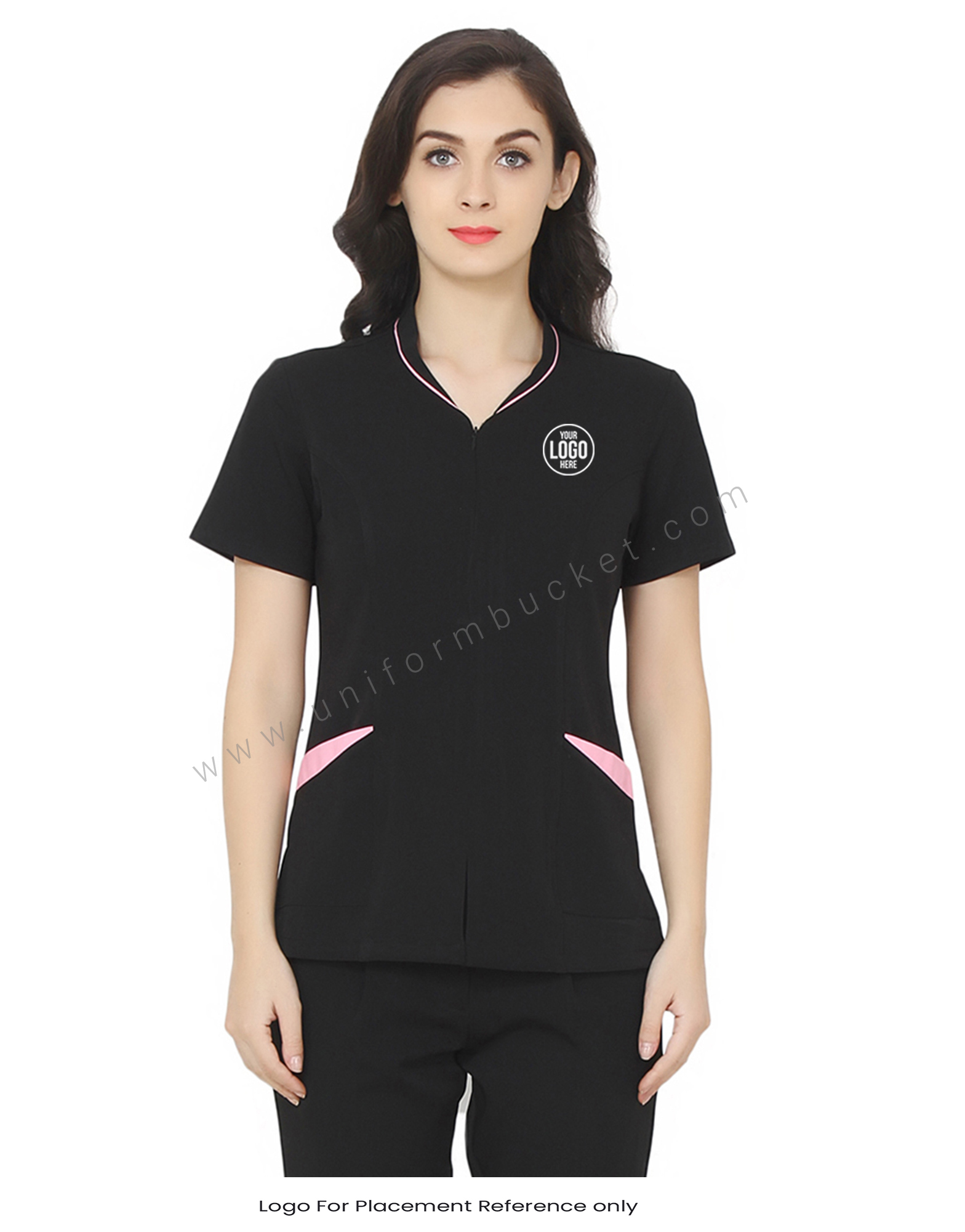 Front Zip Opening Formal Top With Pink Trim