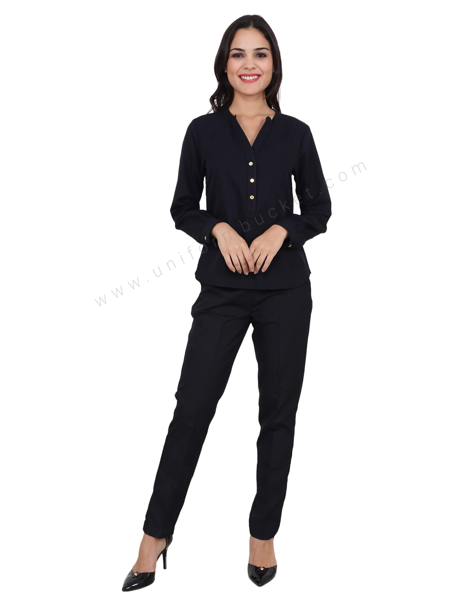 Black Kurta Style V Neck Top