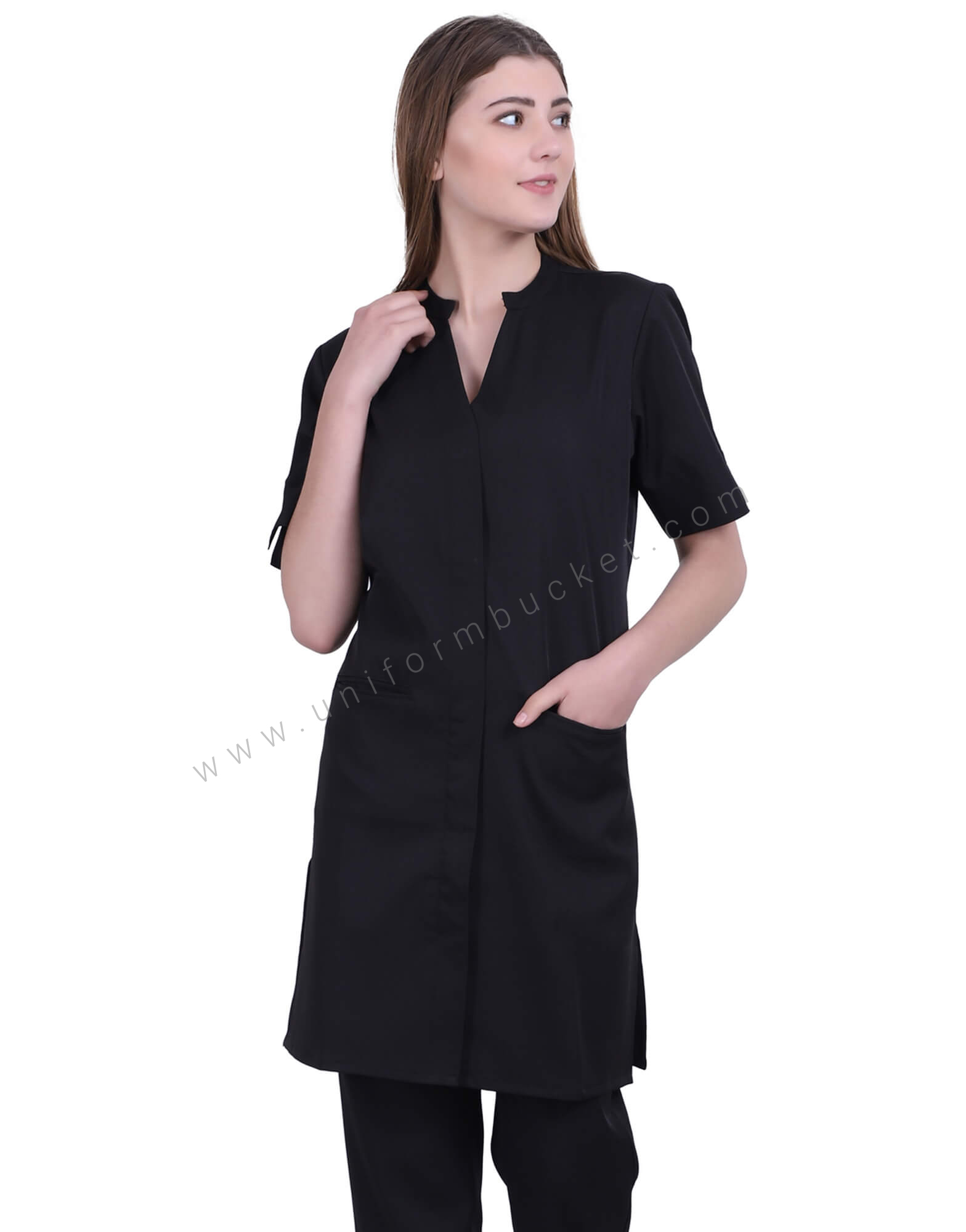 Black Long Tunic Dress With Front Pockets