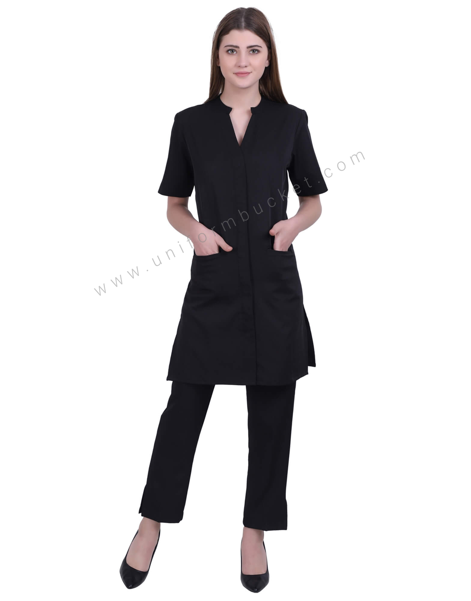 Black Long Tunic Dress With Front Pockets