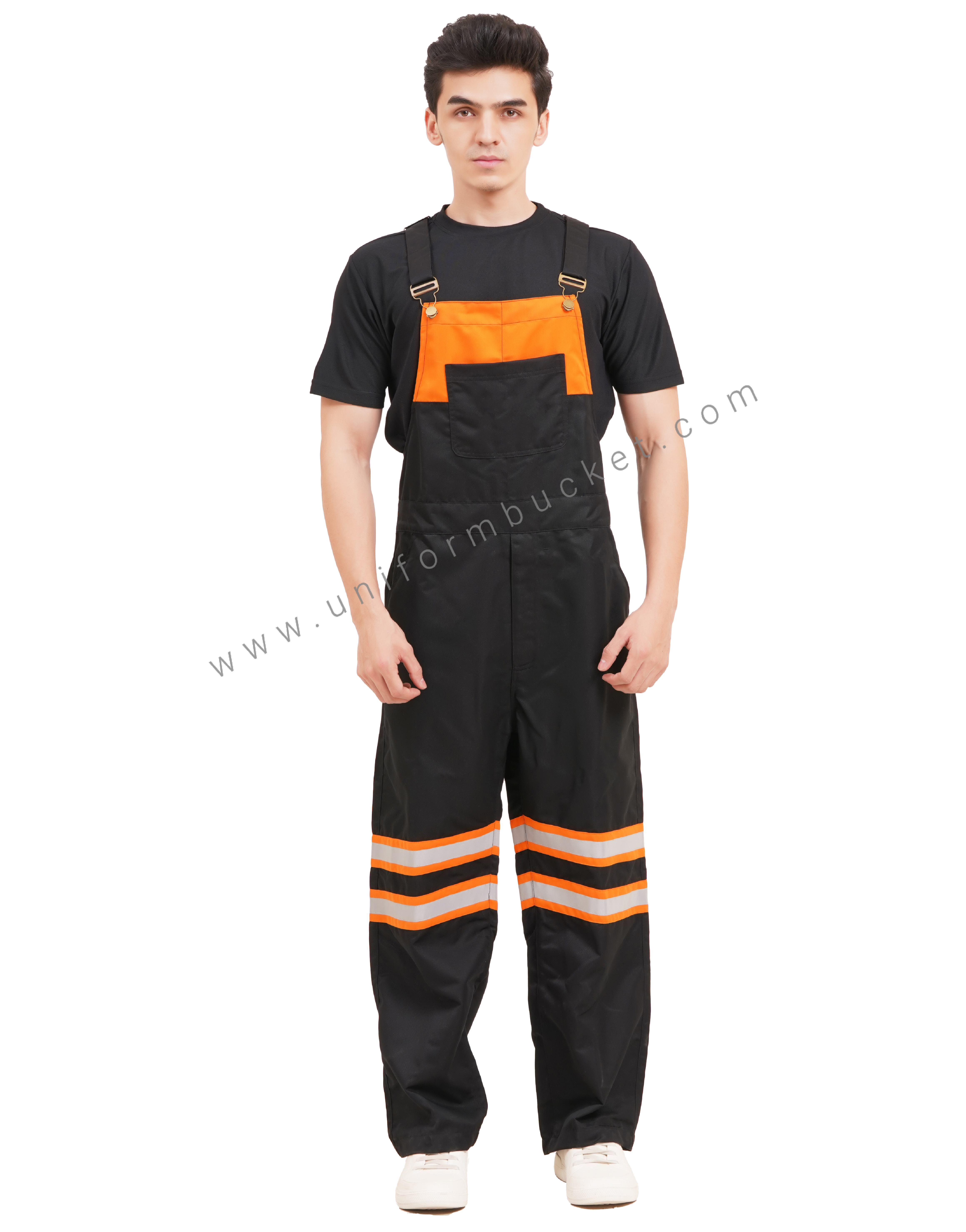 BLACK OVERALLS DUNGREE  WITH ORANGE TRIM &  ONE  FORNT UPER SIDE PATCH POCKET