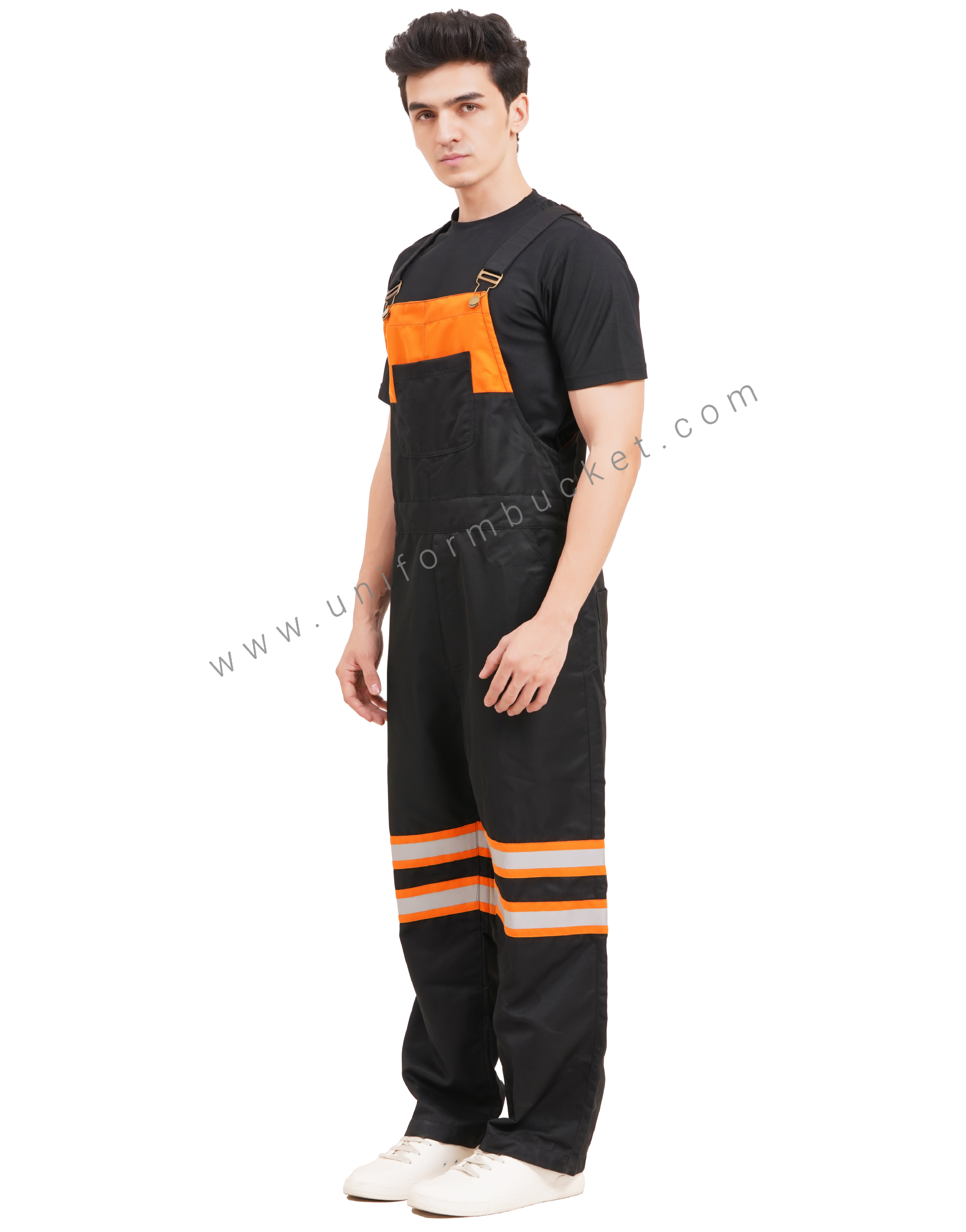 BLACK OVERALLS DUNGREE  WITH ORANGE TRIM &  ONE  FORNT UPER SIDE PATCH POCKET