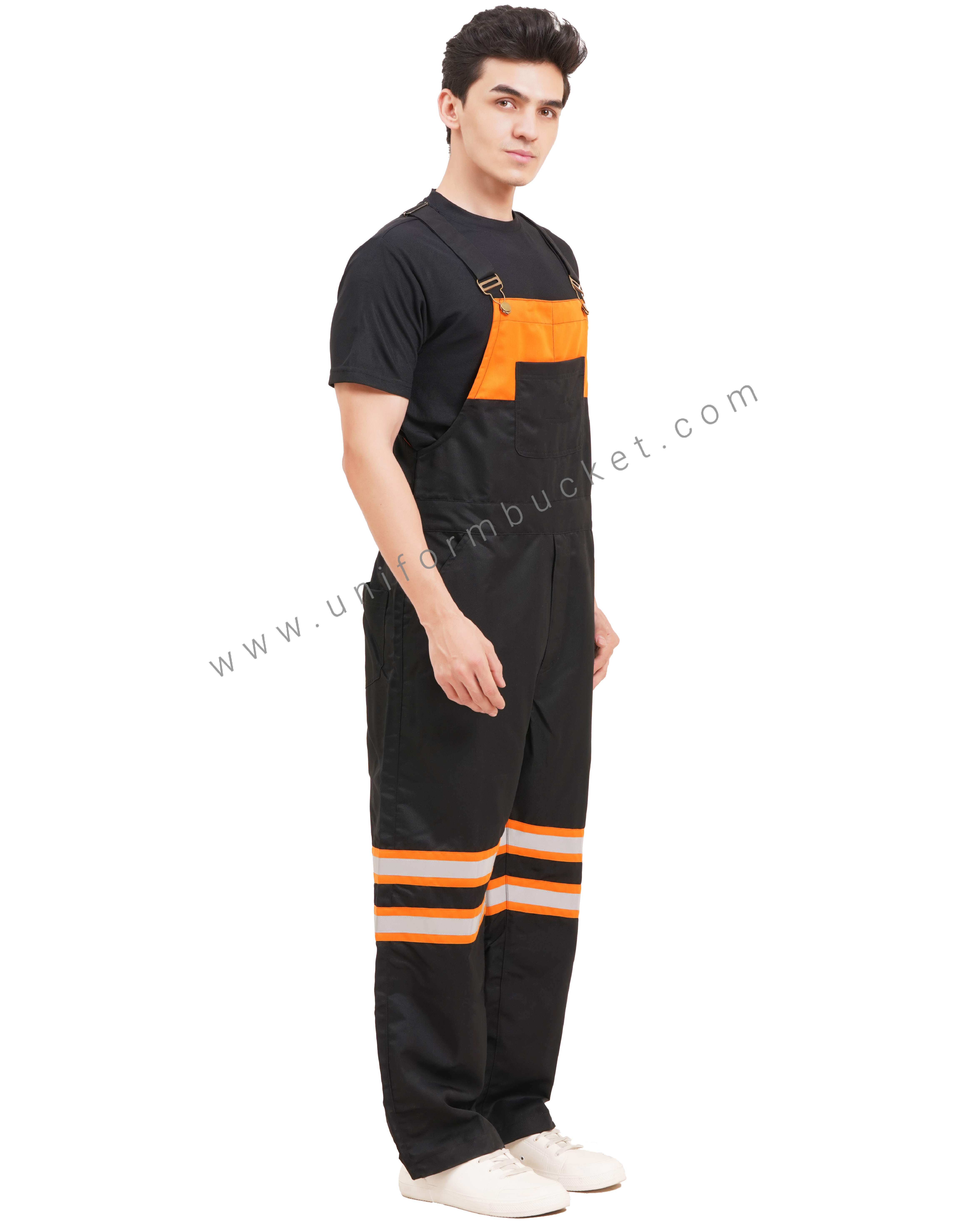 BLACK OVERALLS DUNGREE  WITH ORANGE TRIM &  ONE  FORNT UPER SIDE PATCH POCKET