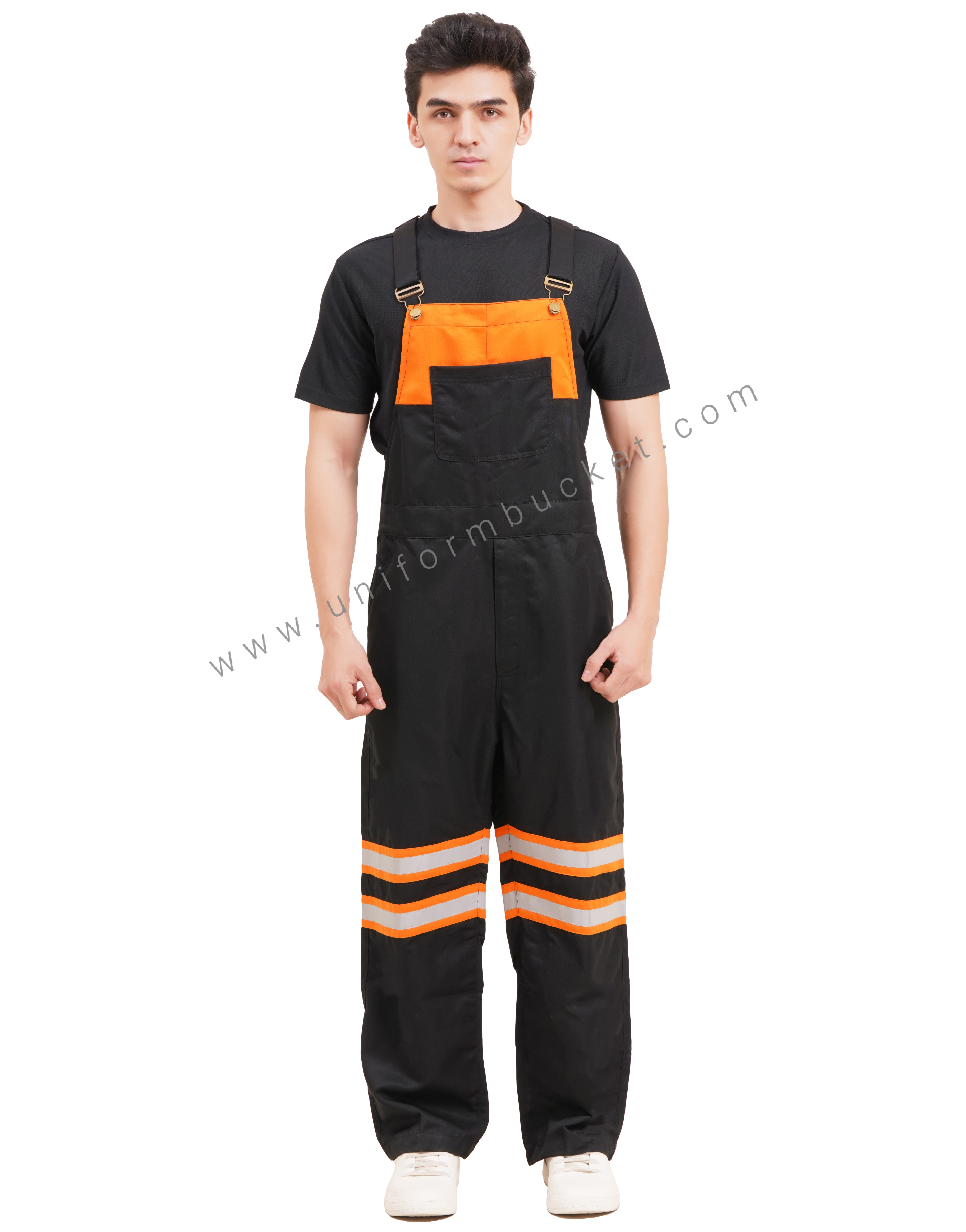BLACK OVERALLS DUNGREE  WITH ORANGE TRIM &  ONE  FORNT UPER SIDE PATCH POCKET