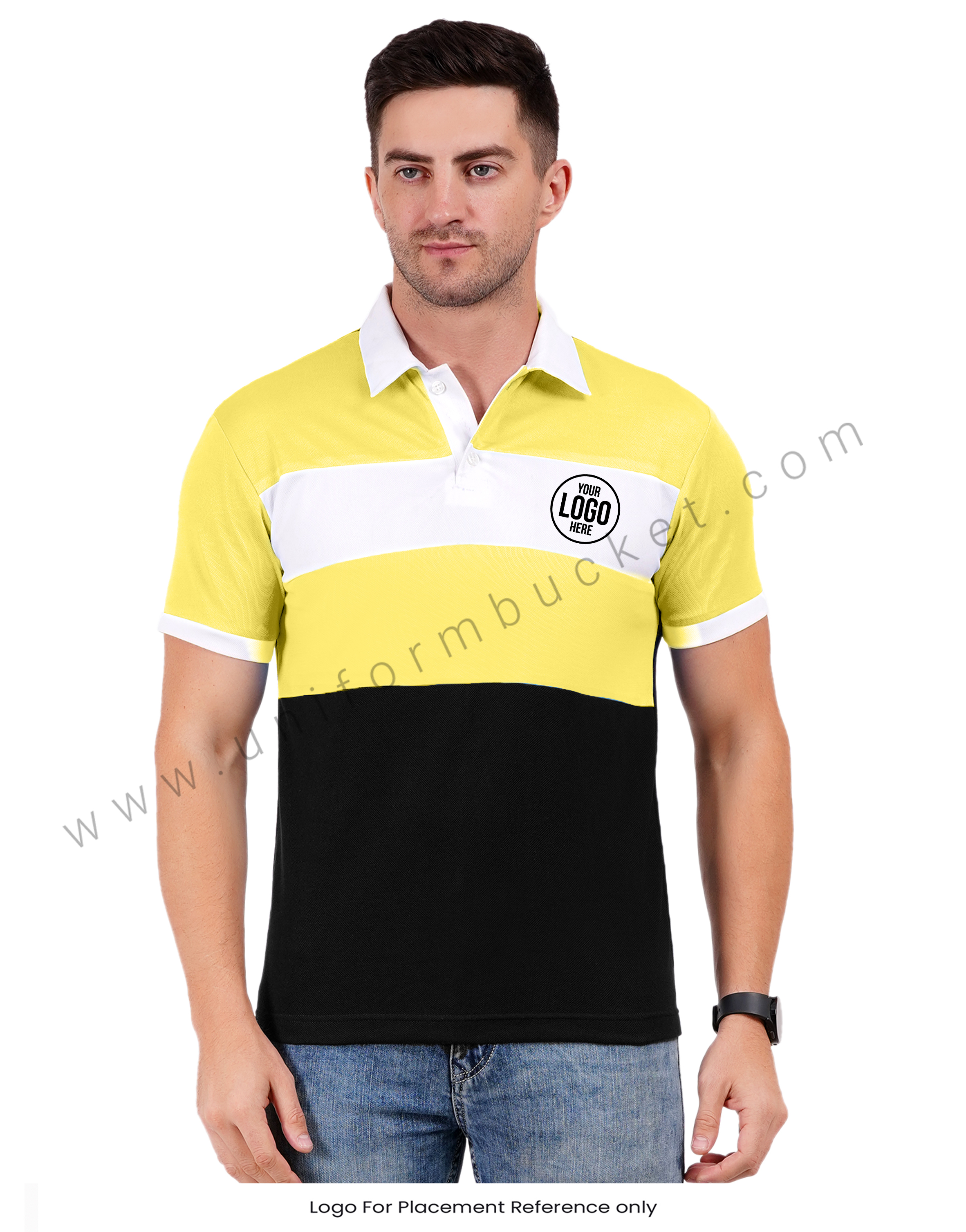 Black polo with lemon yellow and white color blocking