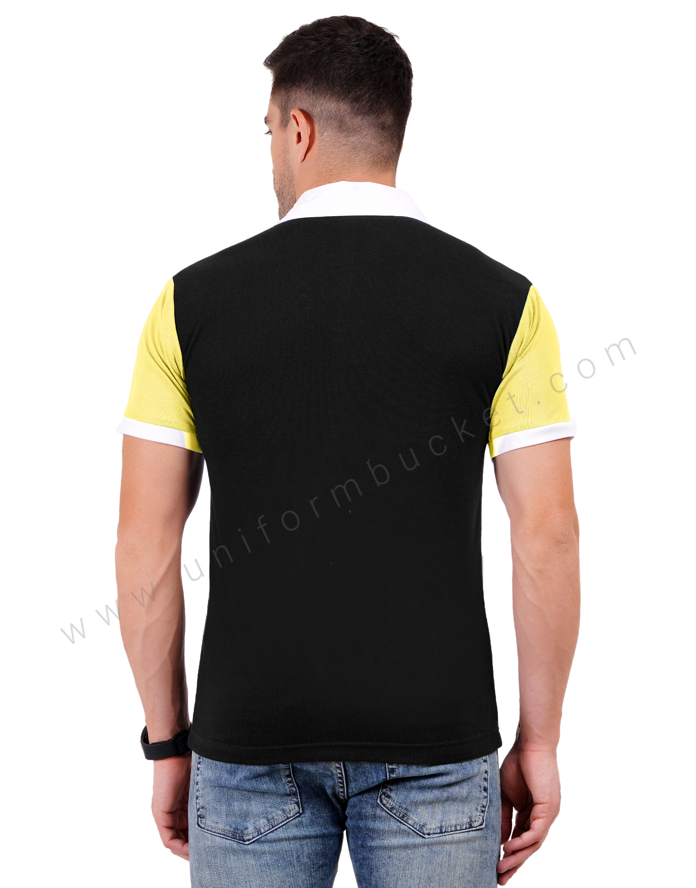 Black polo with lemon yellow and white color blocking