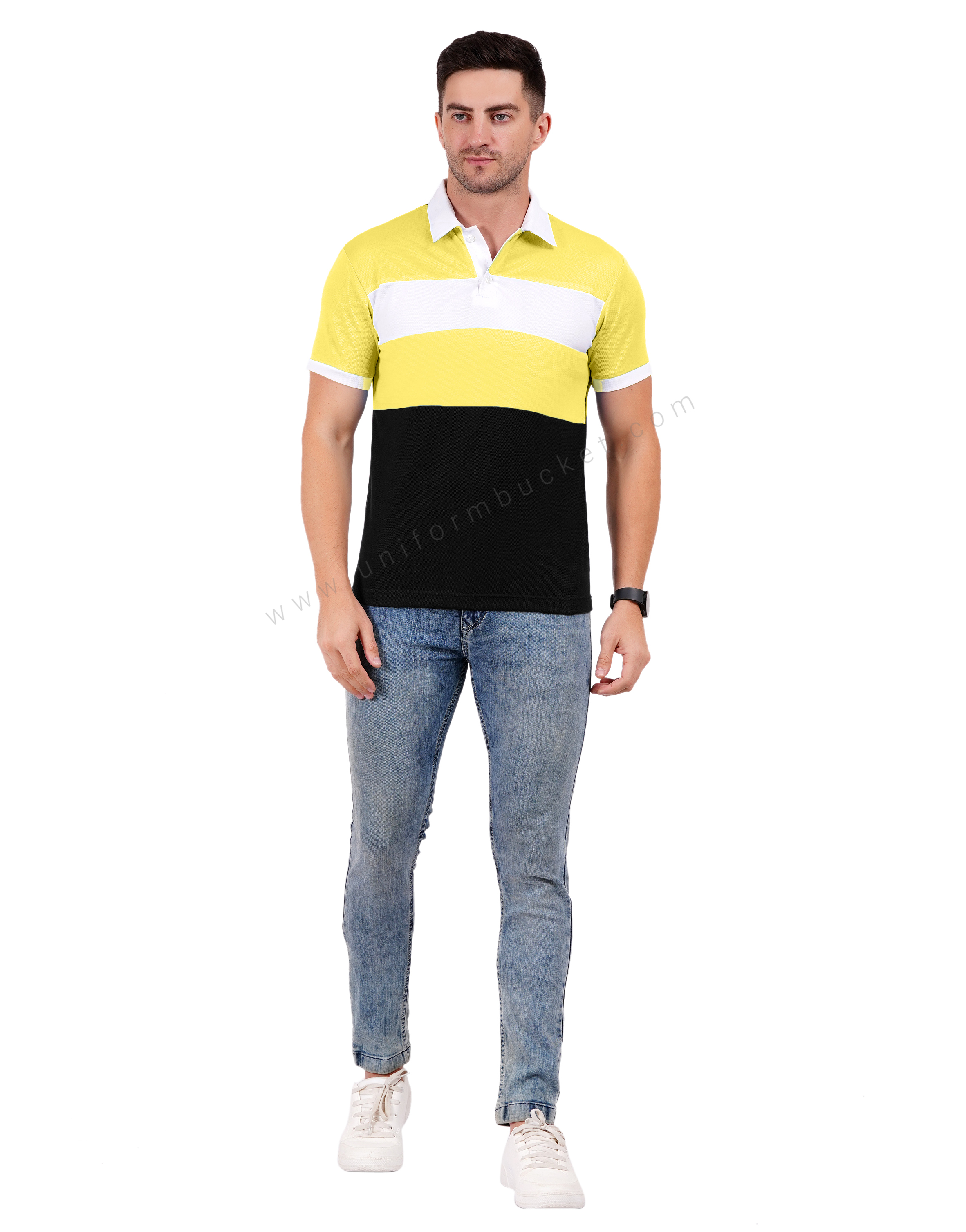 Black polo with lemon yellow and white color blocking
