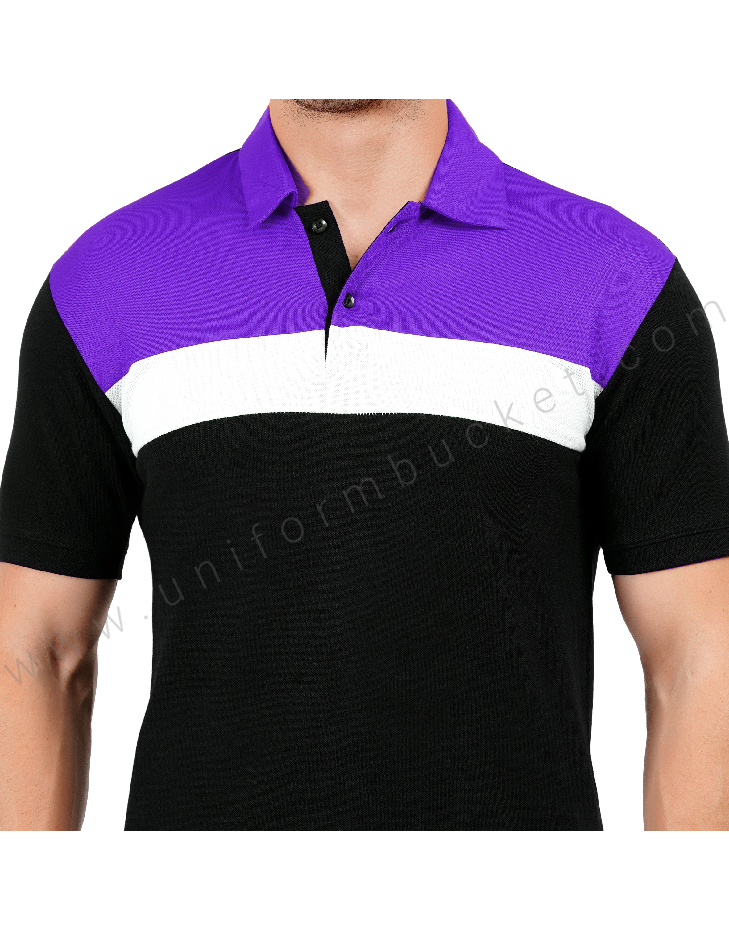 Black polo T-shirt with purple and white color blocking