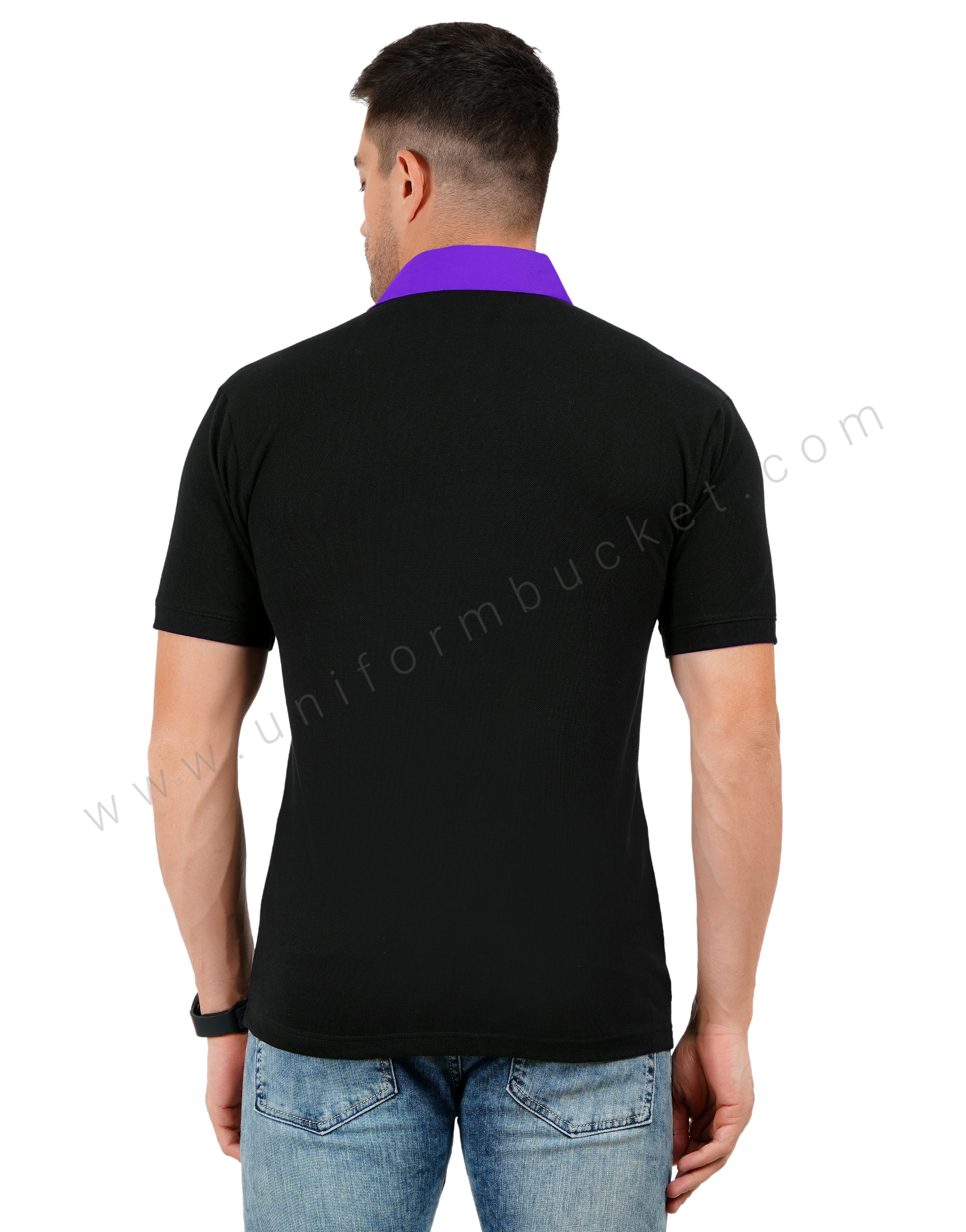 Black polo T-shirt with purple and white color blocking