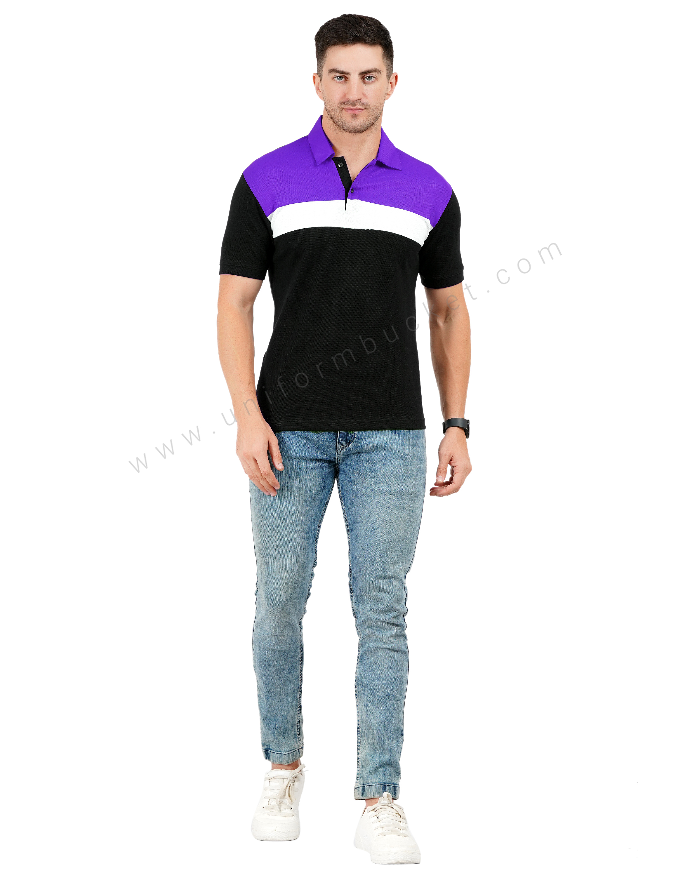 Black polo T-shirt with purple and white color blocking