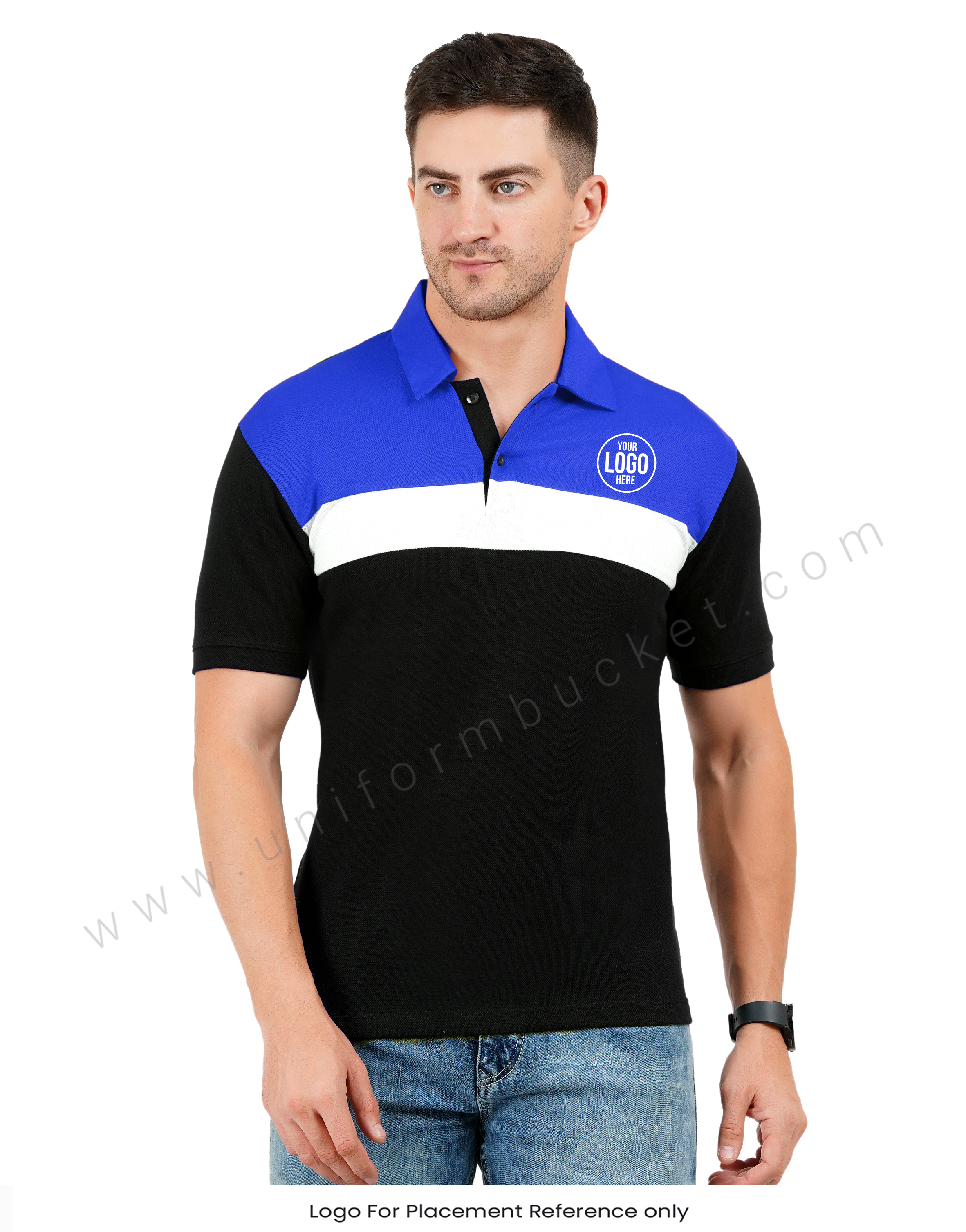 Black polo T-shirt with Royal blue and white color blocking