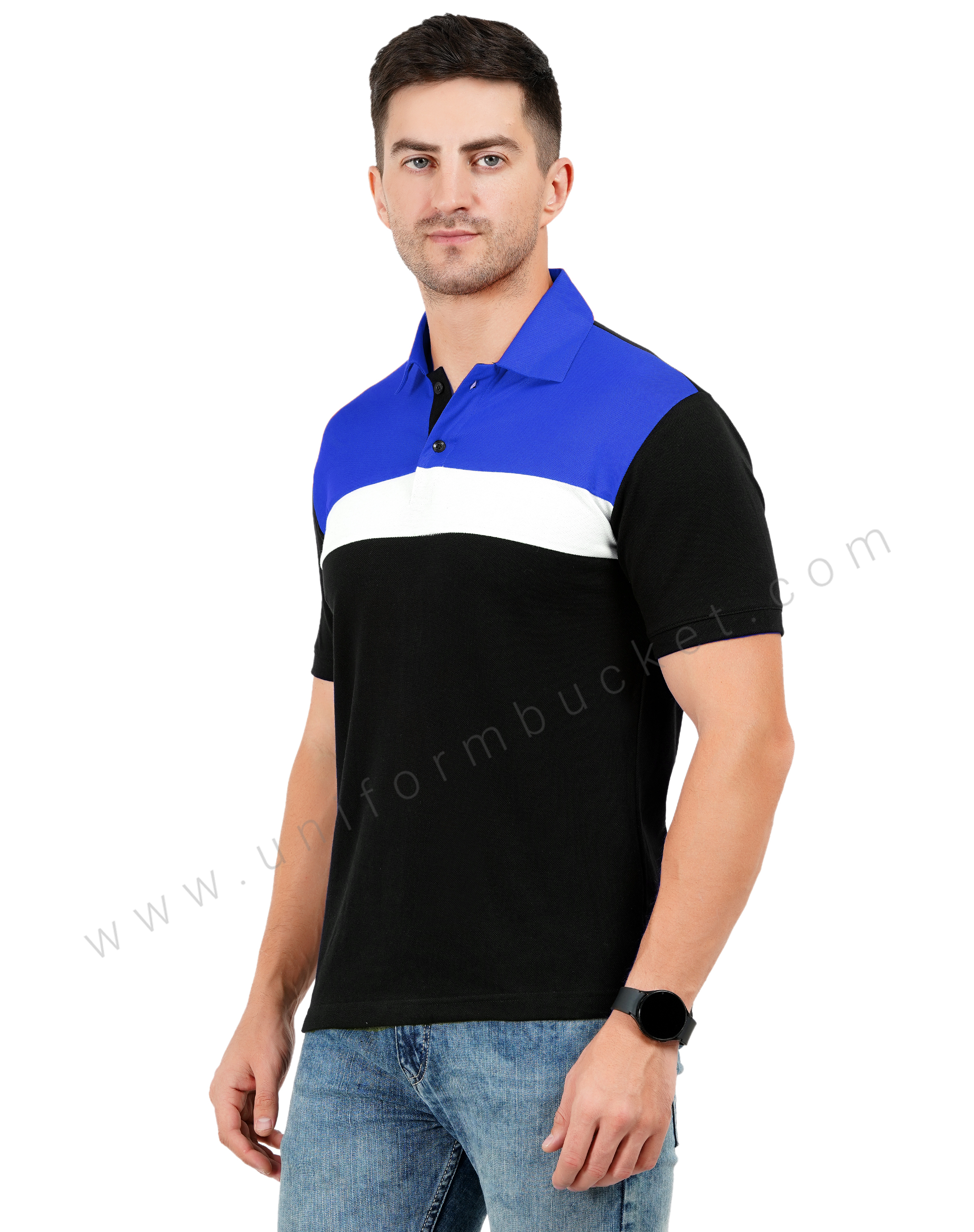 Black polo T-shirt with Royal blue and white color blocking