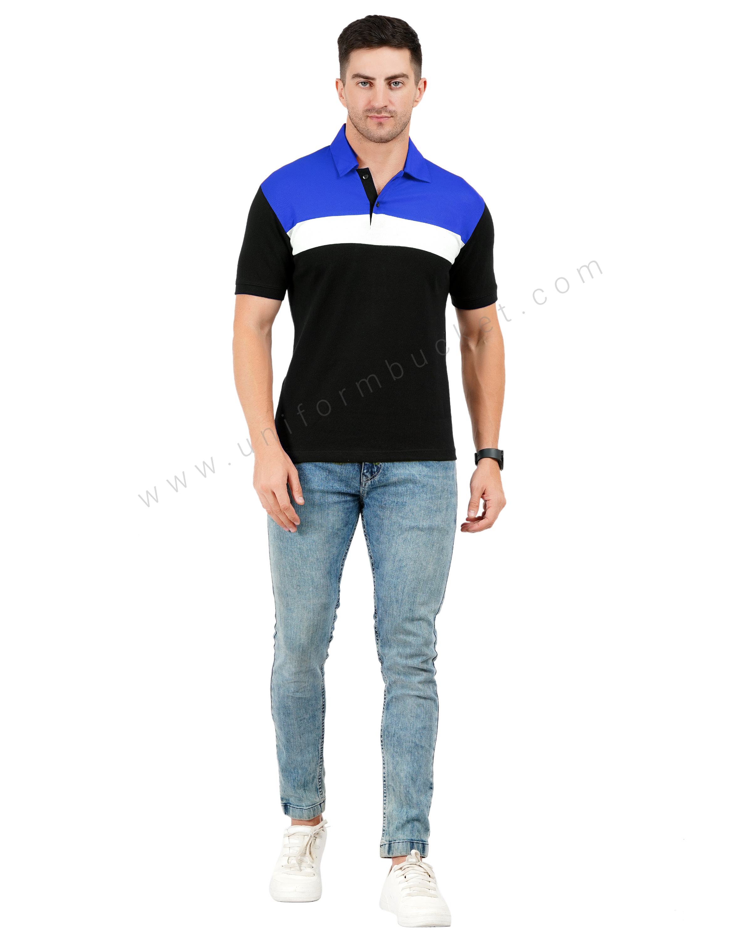 Black polo T-shirt with Royal blue and white color blocking