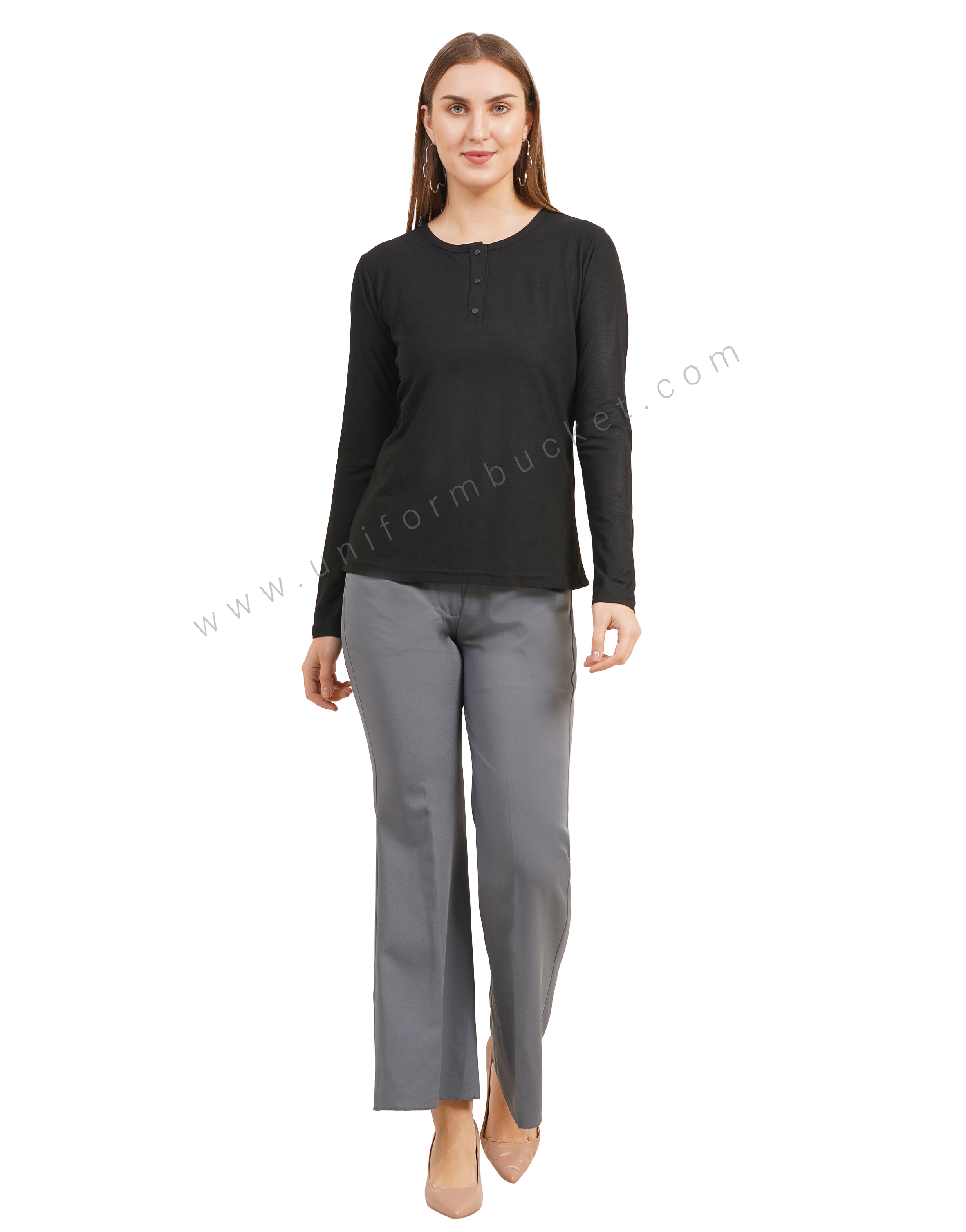 black round neck with button down placket female t-shirt