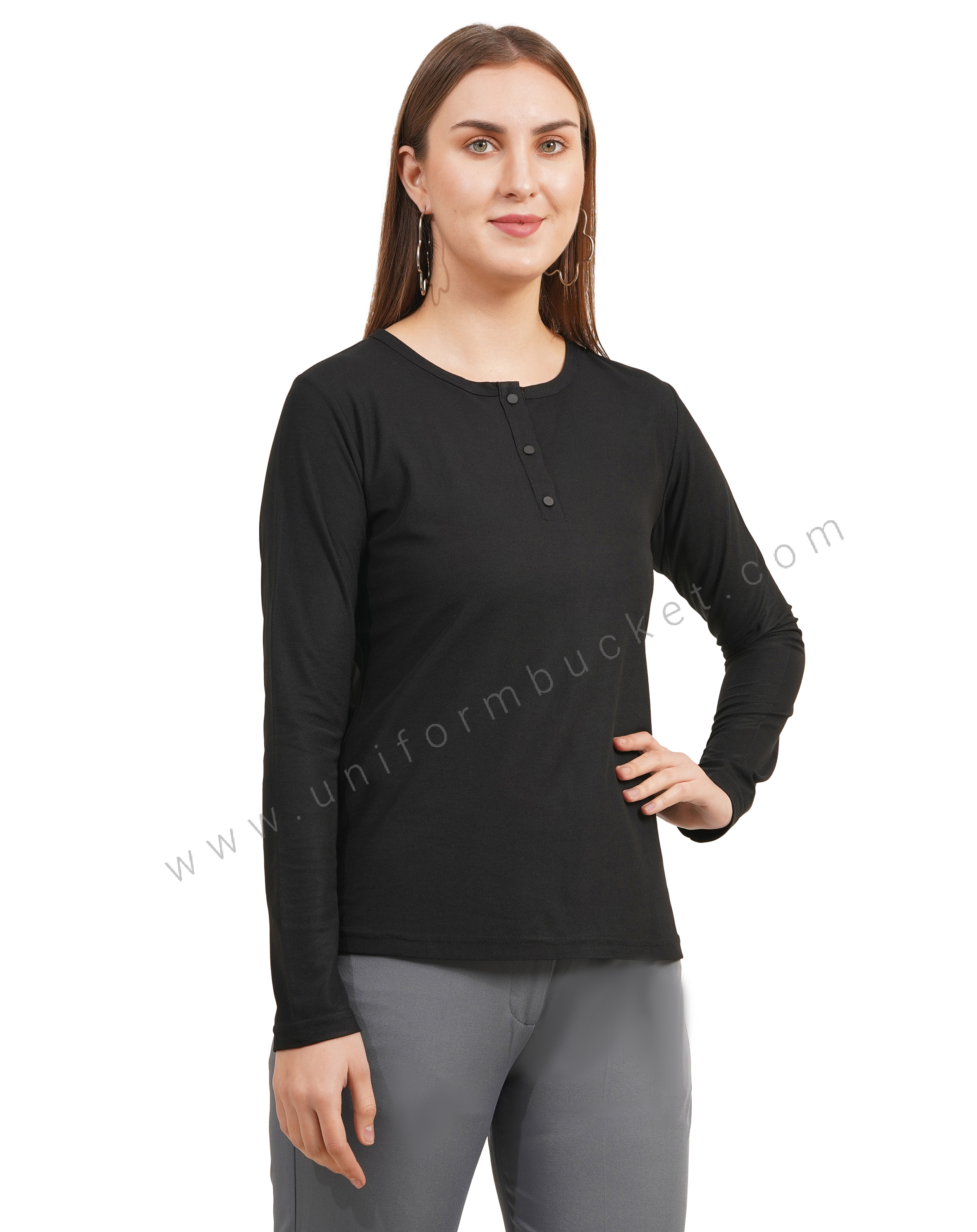 black round neck with button down placket female t-shirt