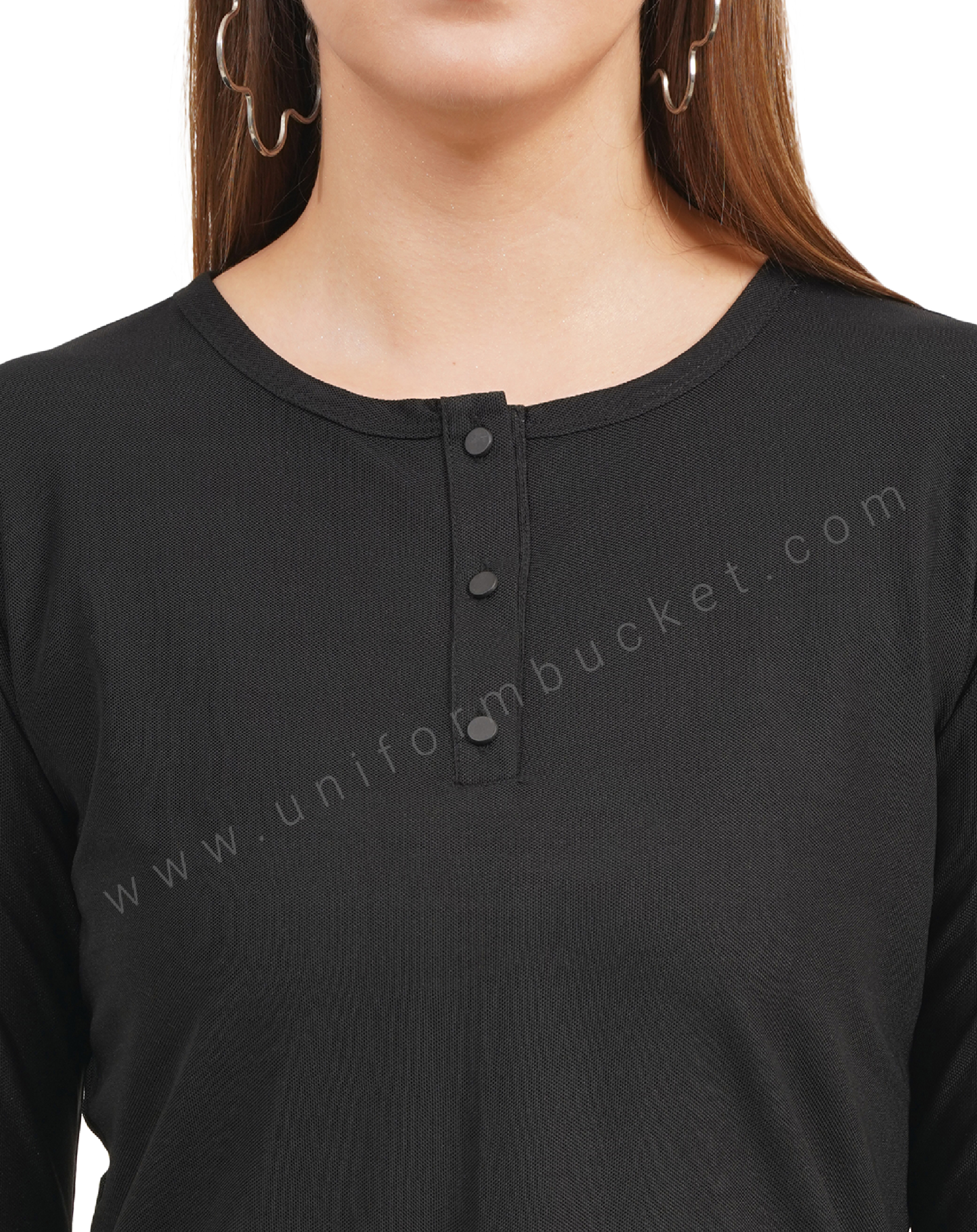 black round neck with button down placket female t-shirt