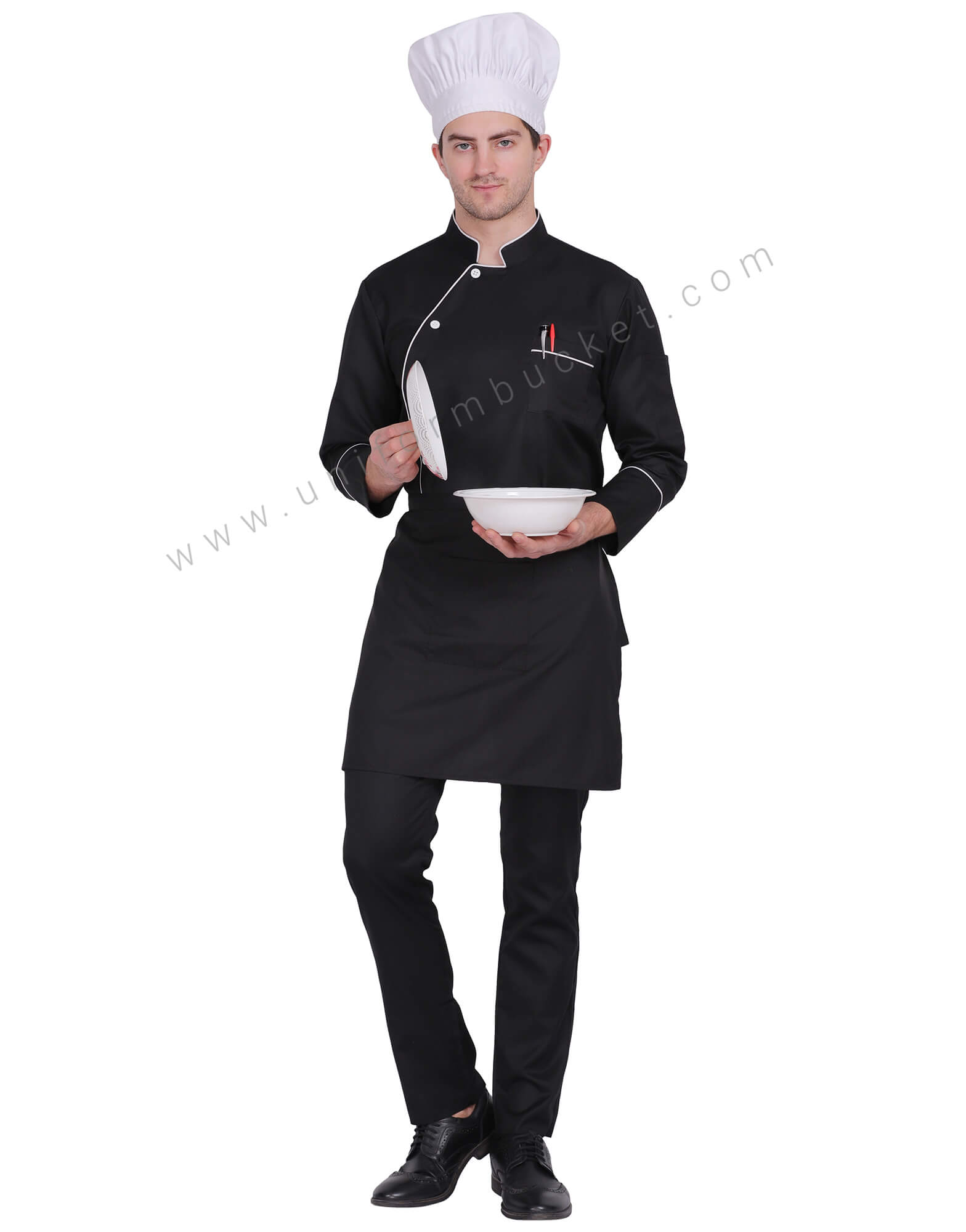 Black Stylish Chef Coat With White side cross Piping