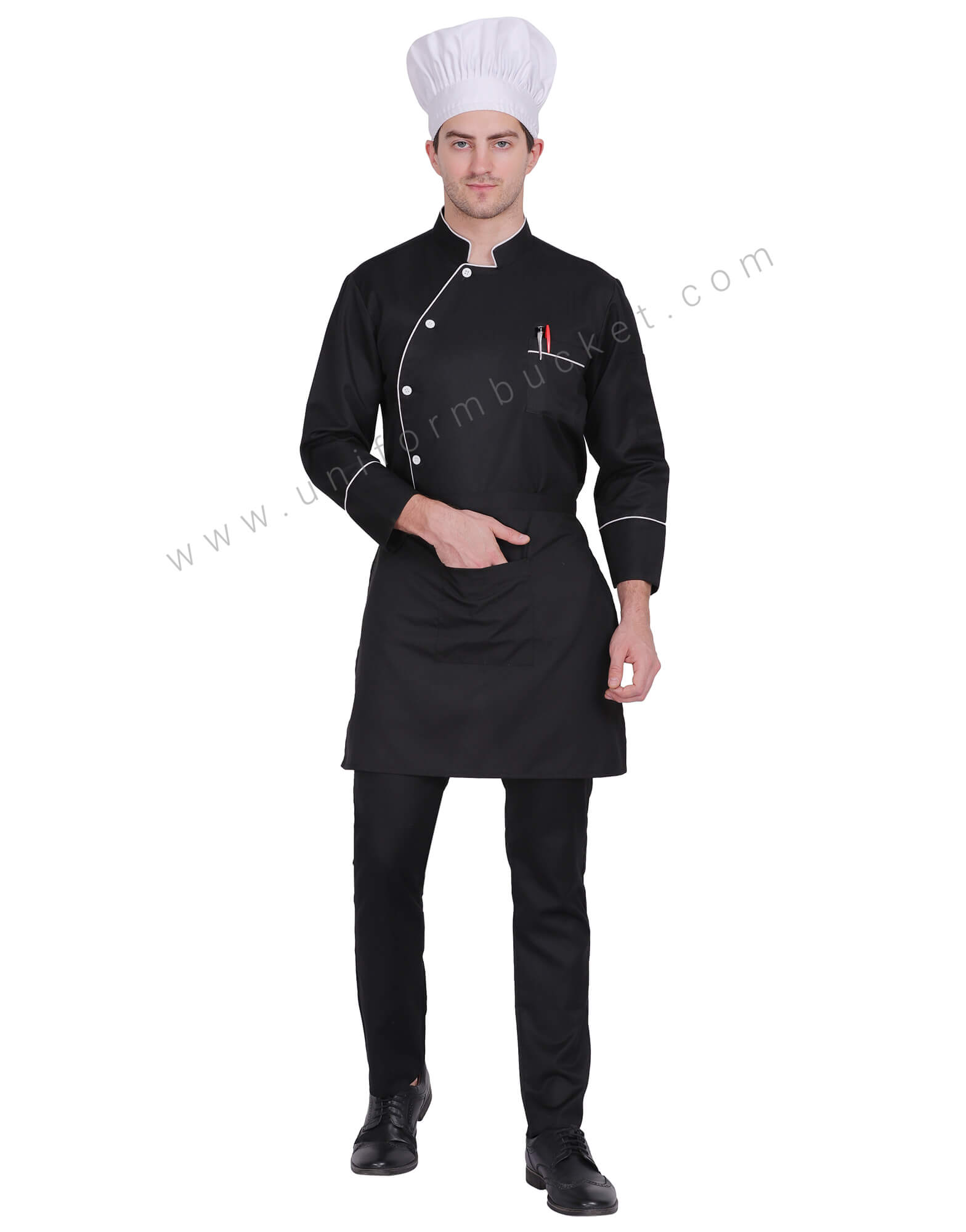 Black Stylish Chef Coat With White side cross Piping
