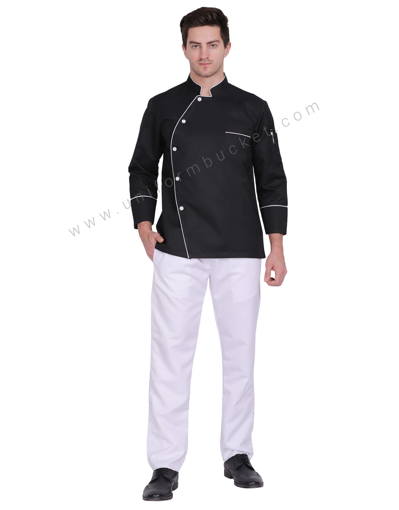 Black Stylish Chef Coat With White side cross Piping