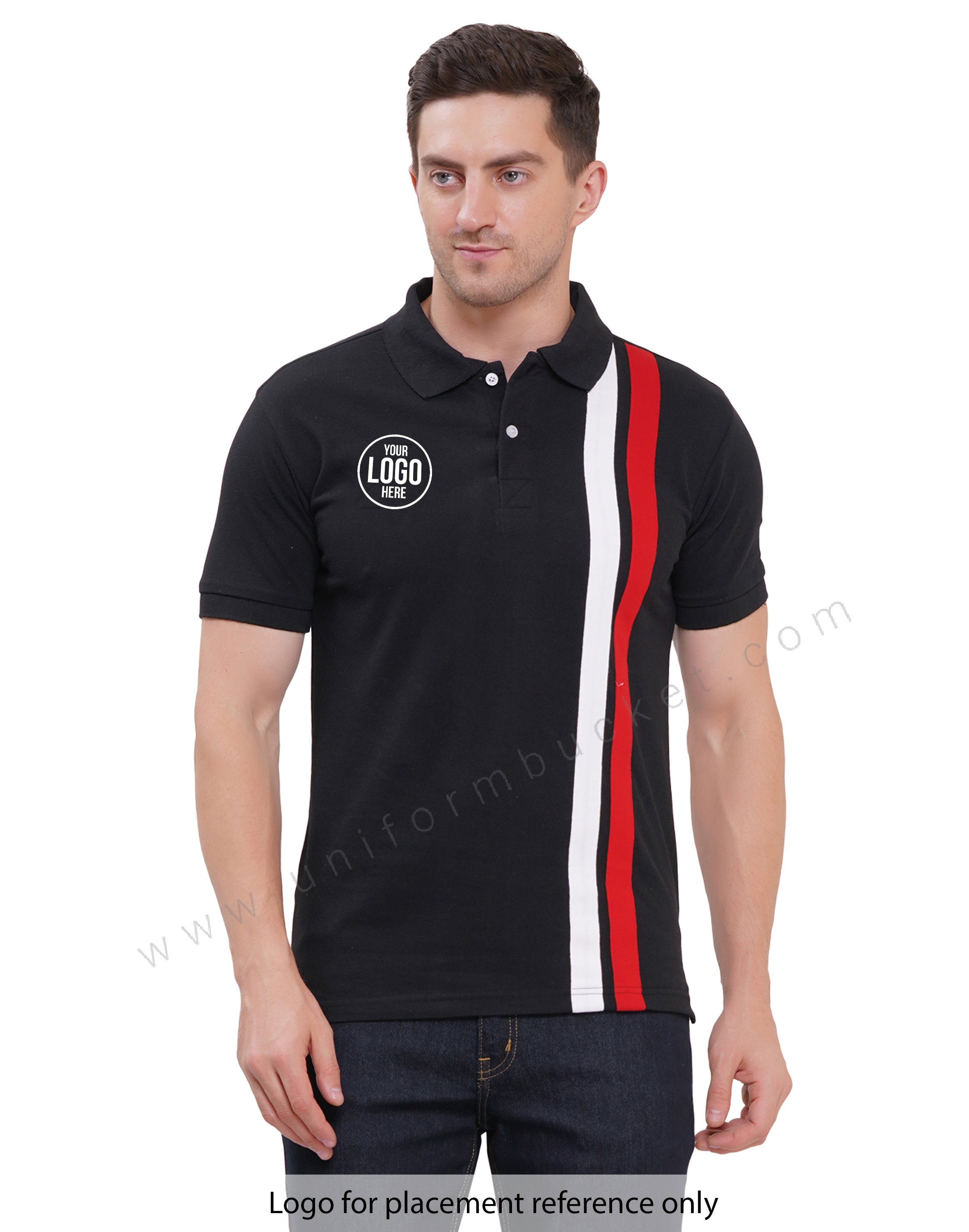 black t-shirt with red & white trim