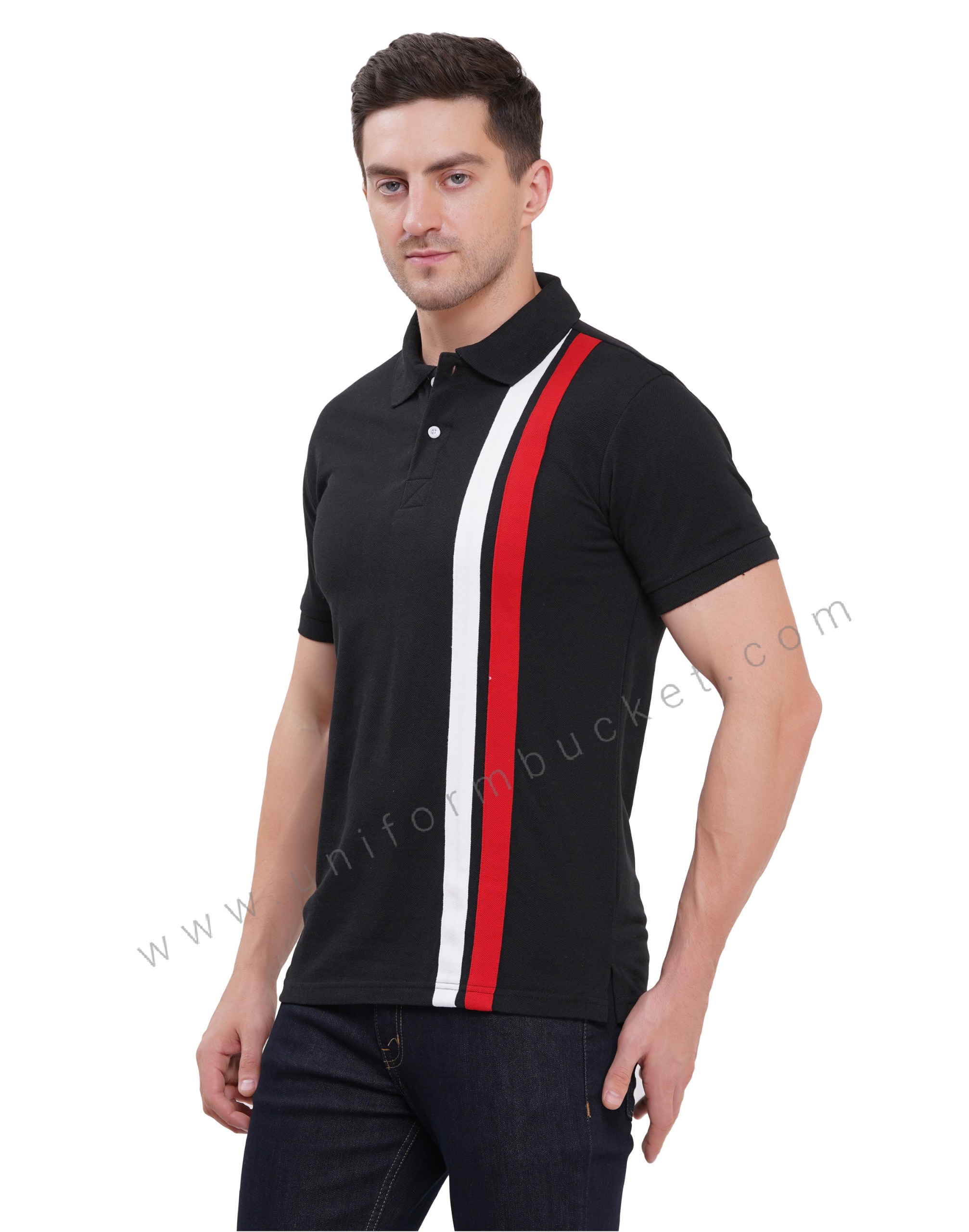 black t-shirt with red & white trim