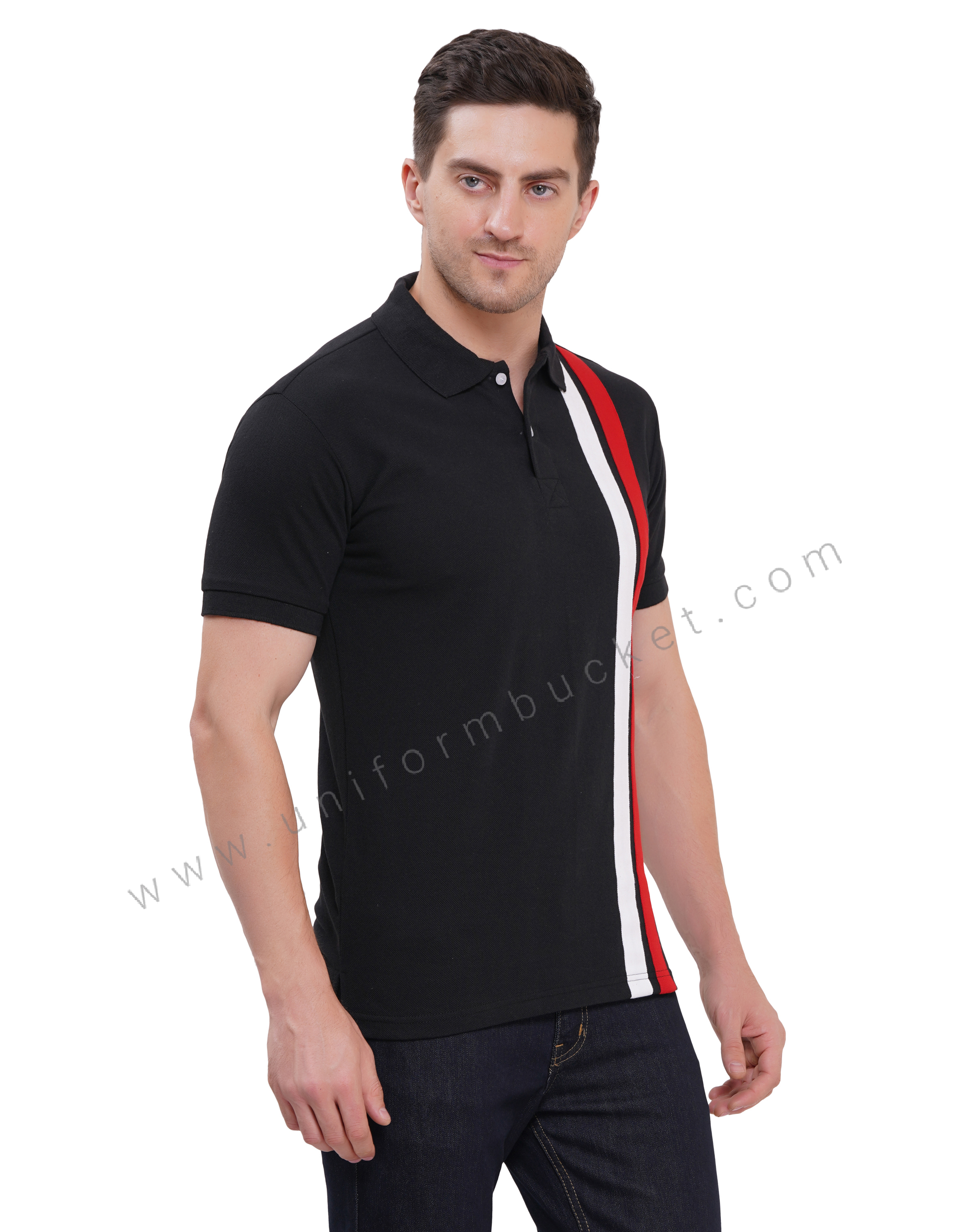 black t-shirt with red & white trim