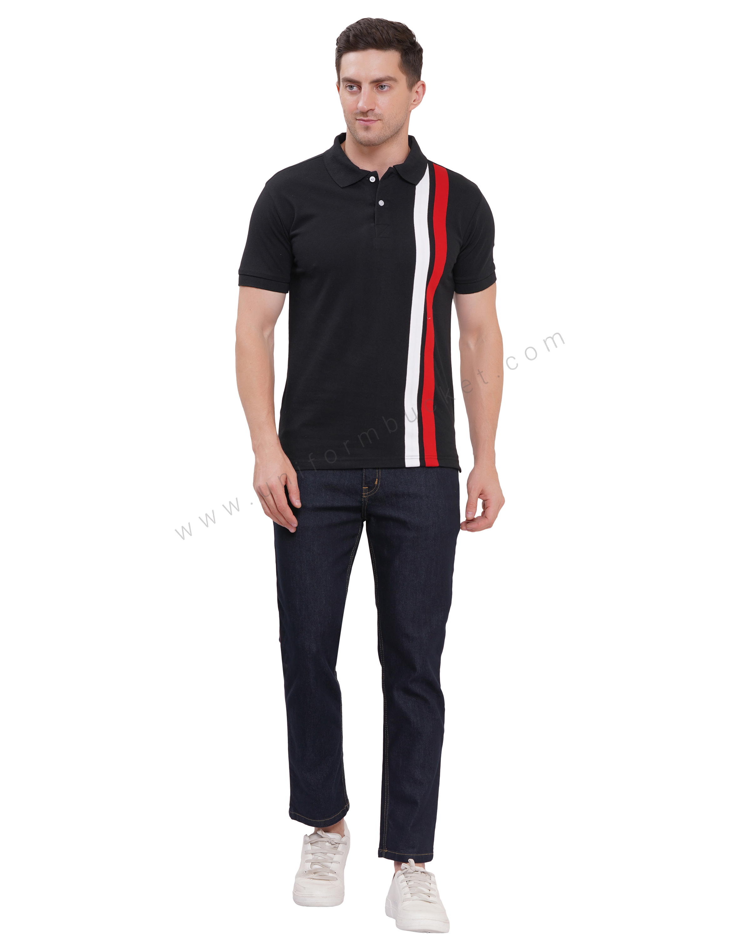 black t-shirt with red & white trim