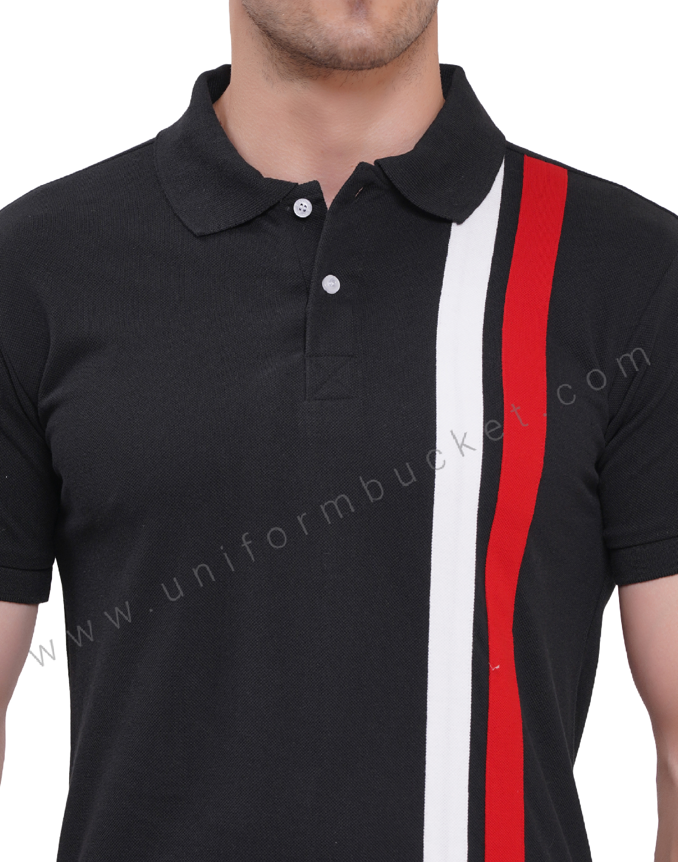black t-shirt with red & white trim