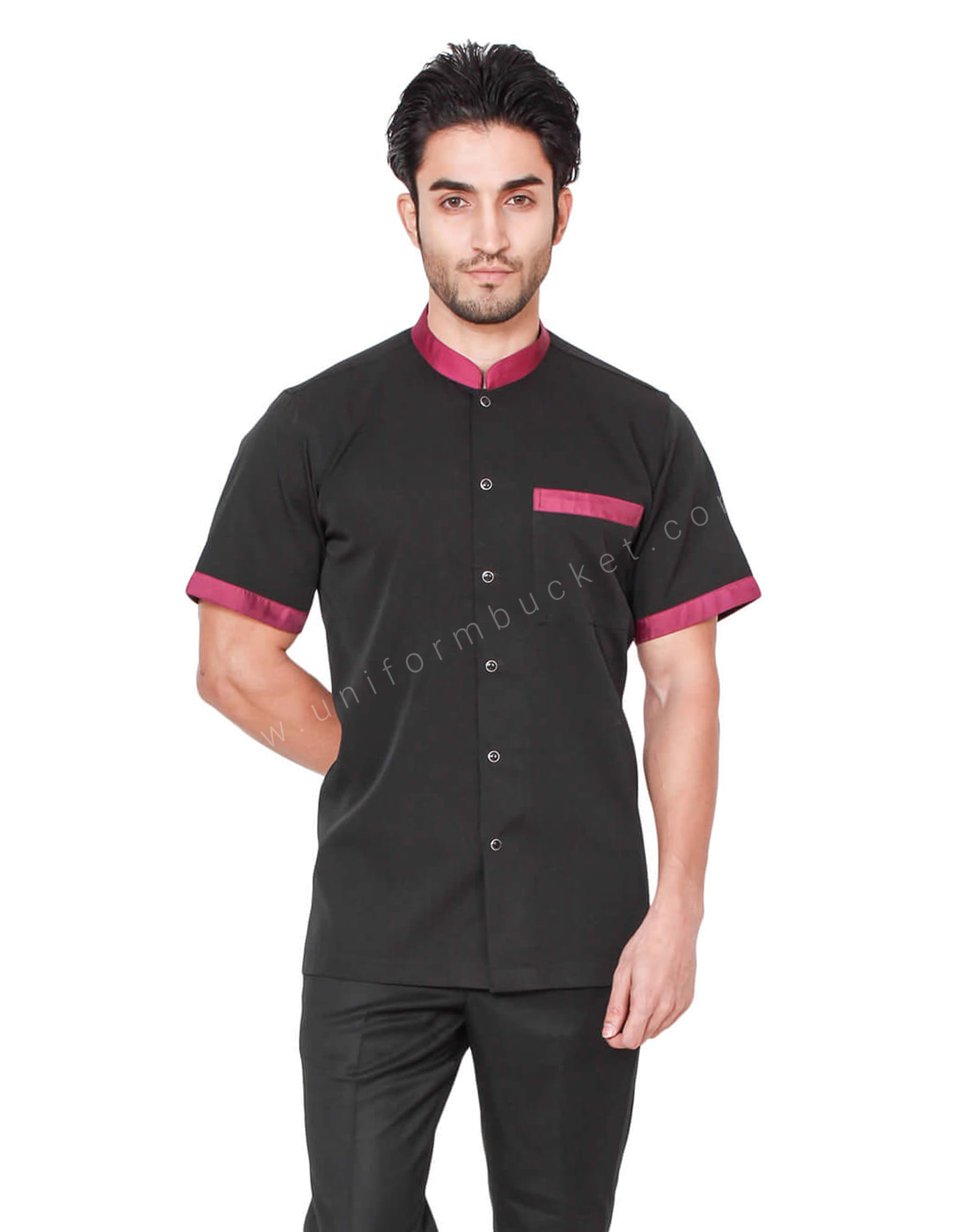 Ban Collar Black Shirt With Maroon Trims