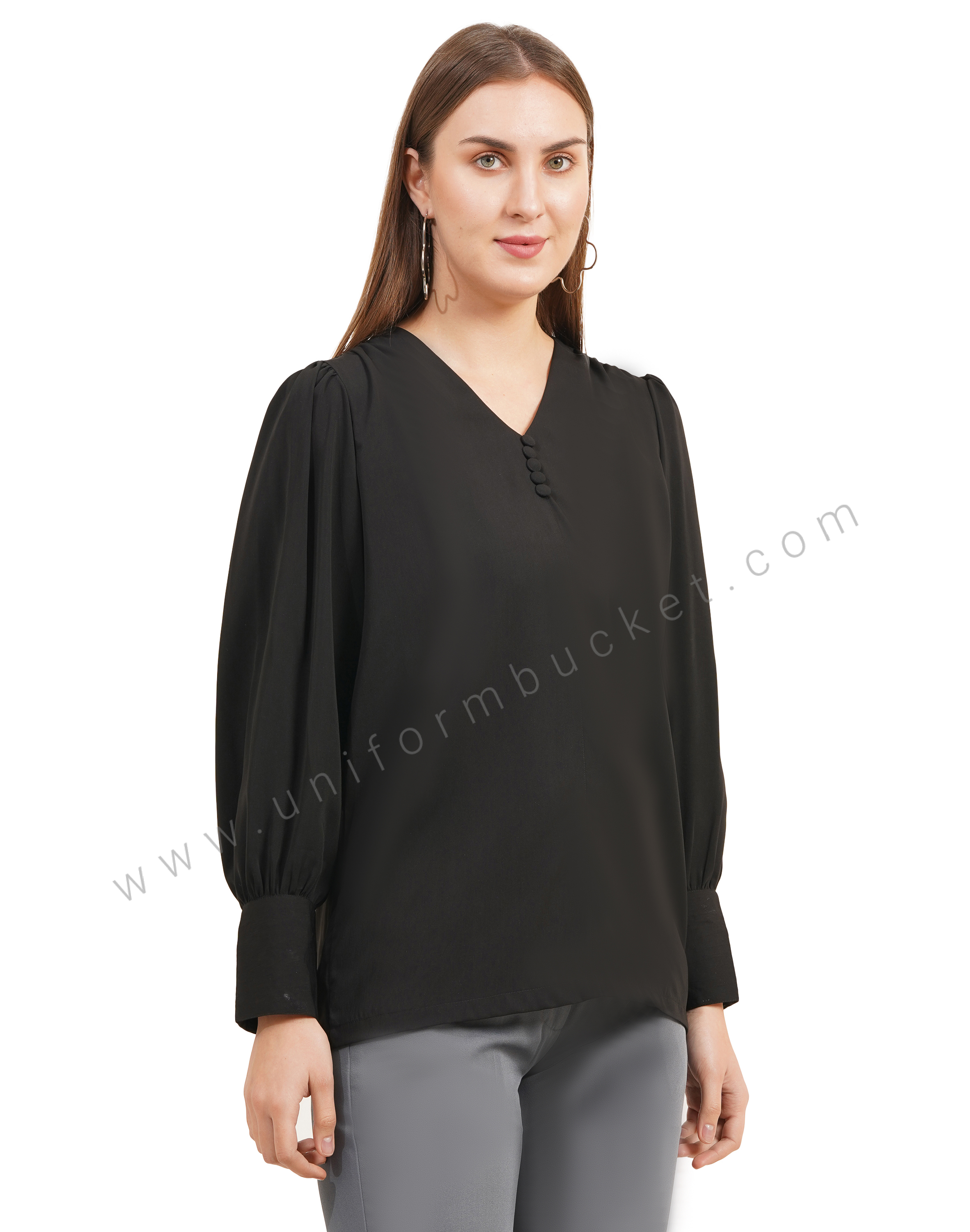 black v neck dummy button top with stylish sleeve