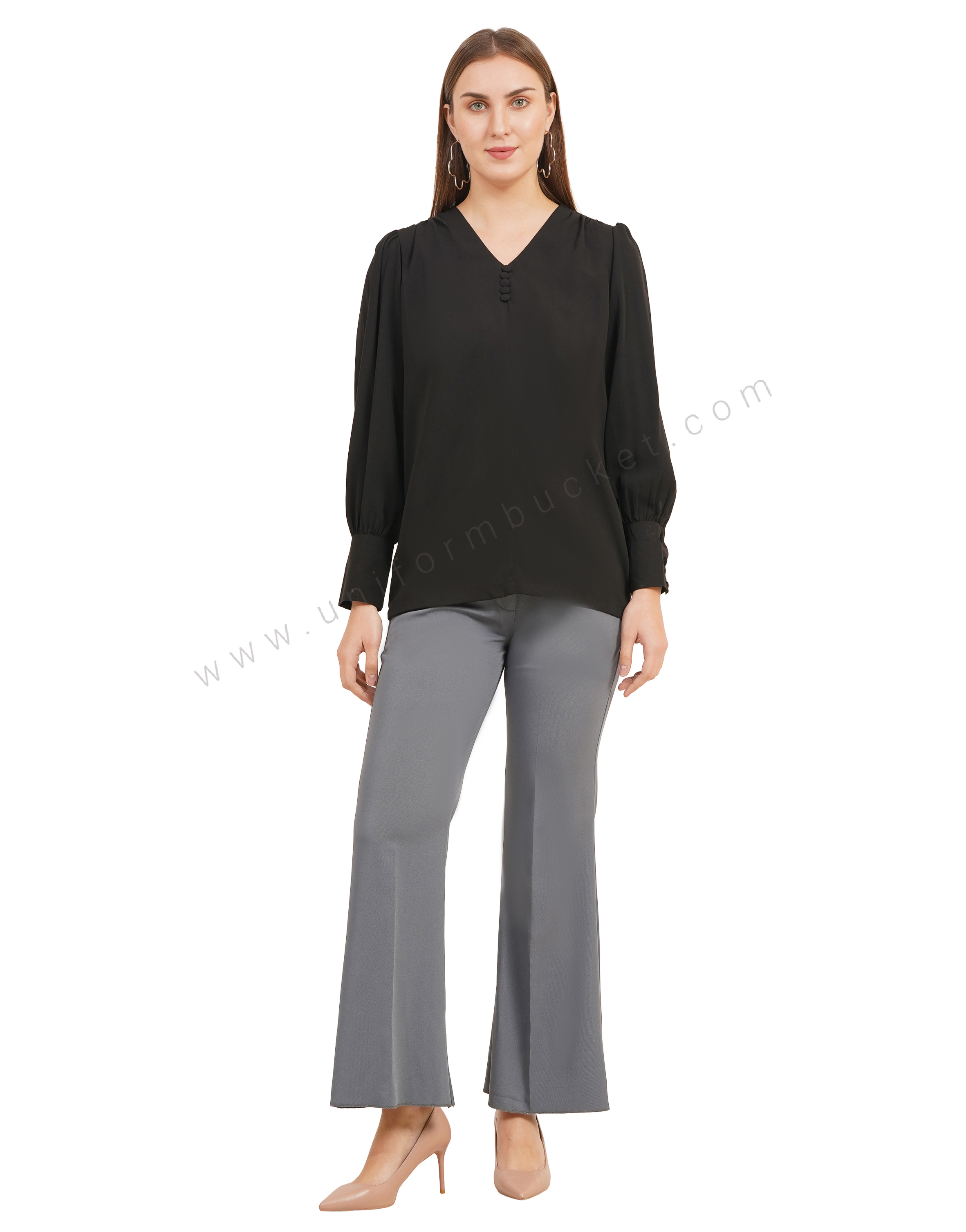 black v neck dummy button top with stylish sleeve