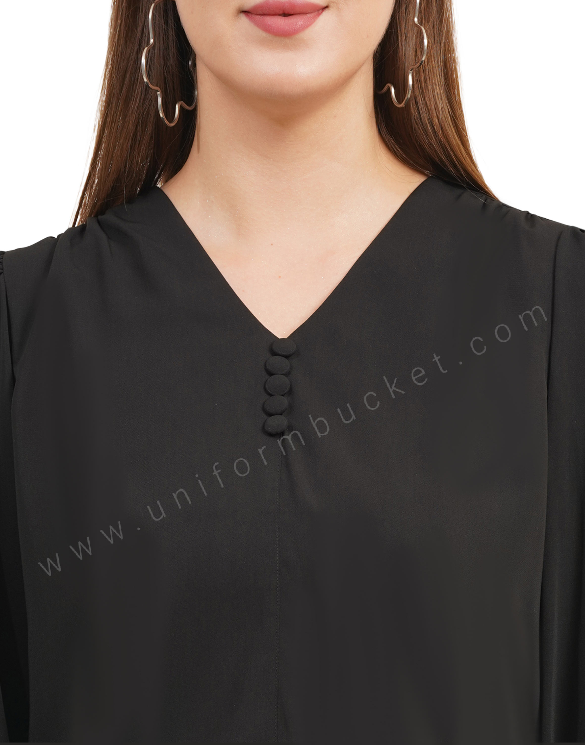 black v neck dummy button top with stylish sleeve