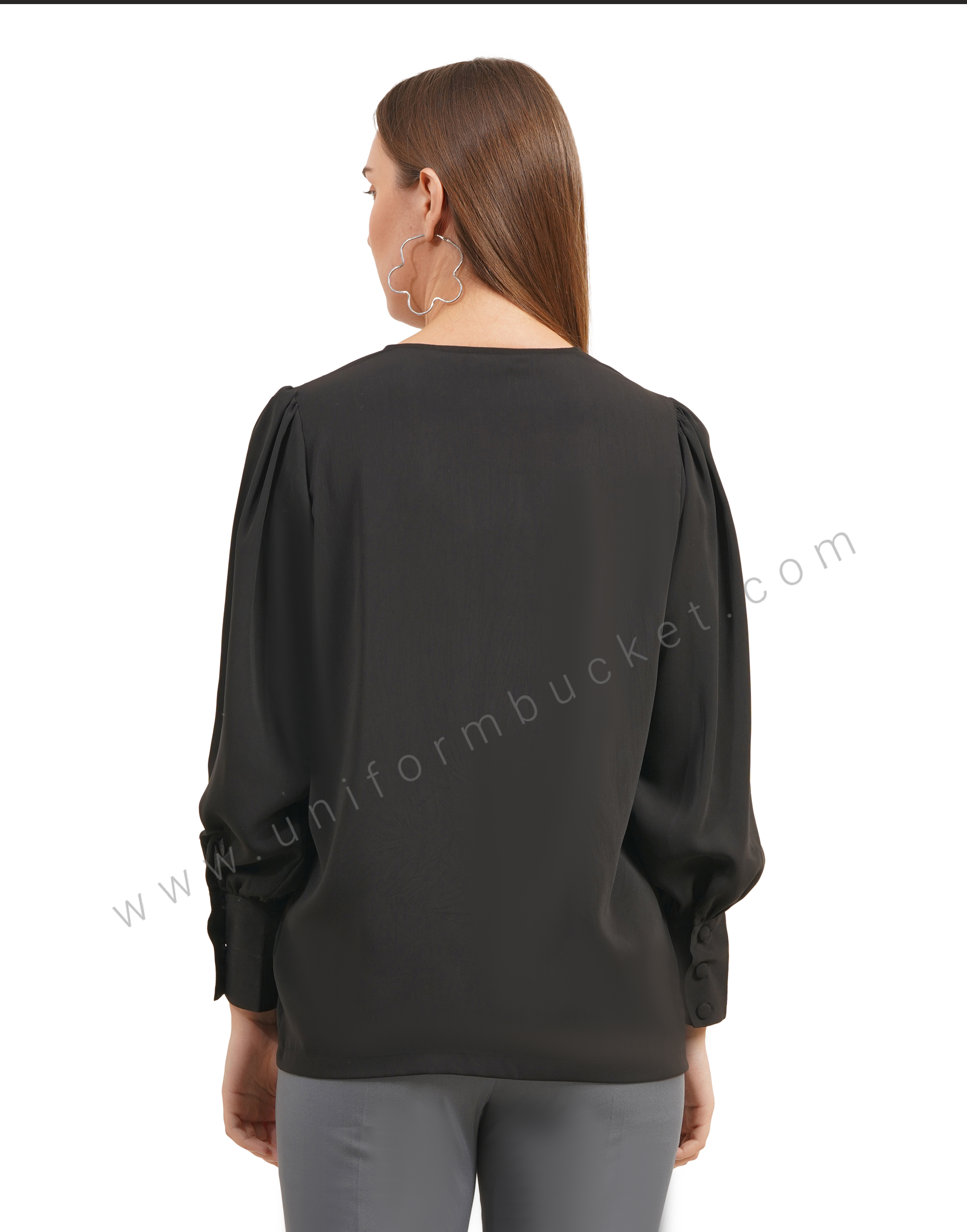 black v neck dummy button top with stylish sleeve