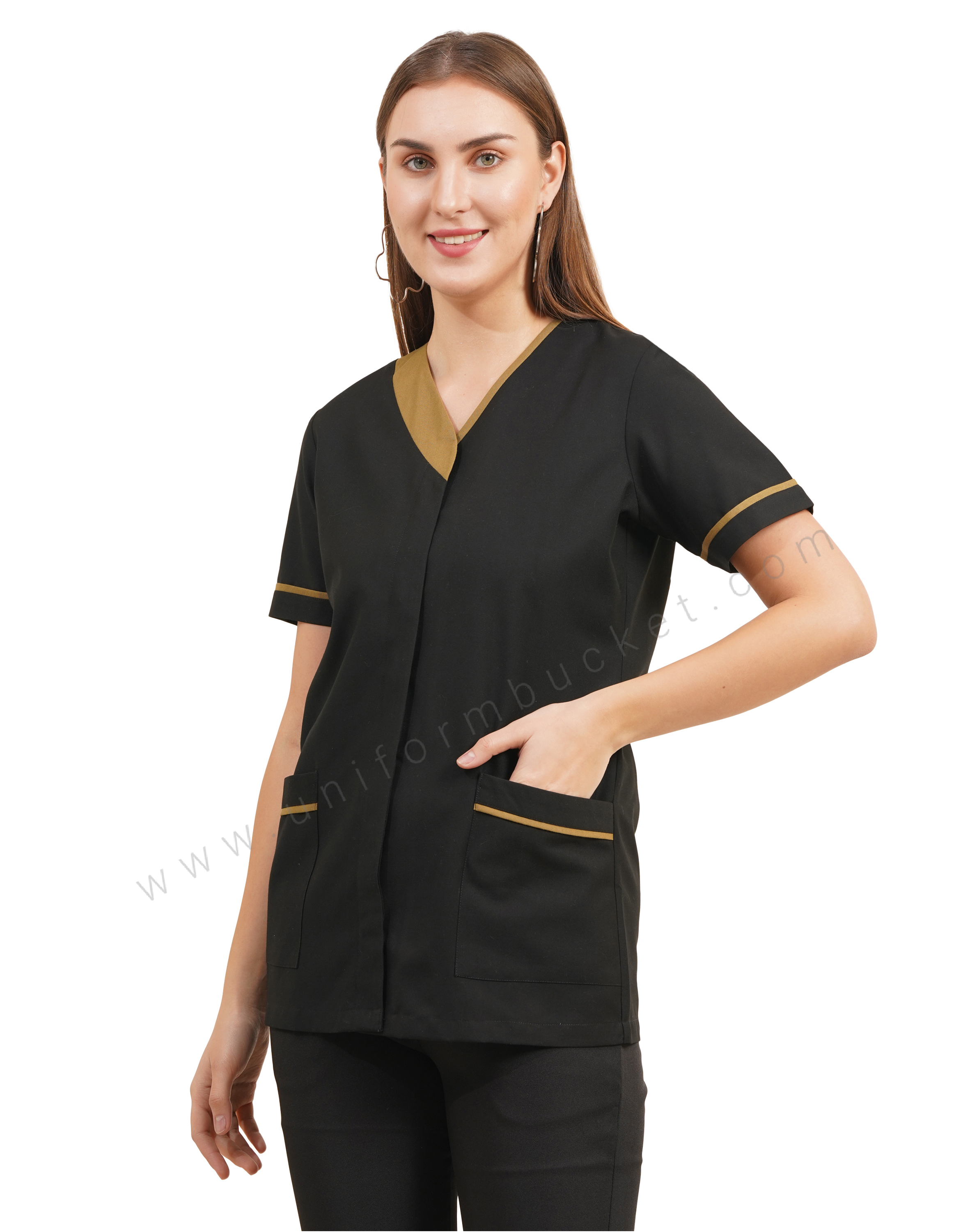 Black V-Neck Salon Tunic with Contrast Khaki Trim for female