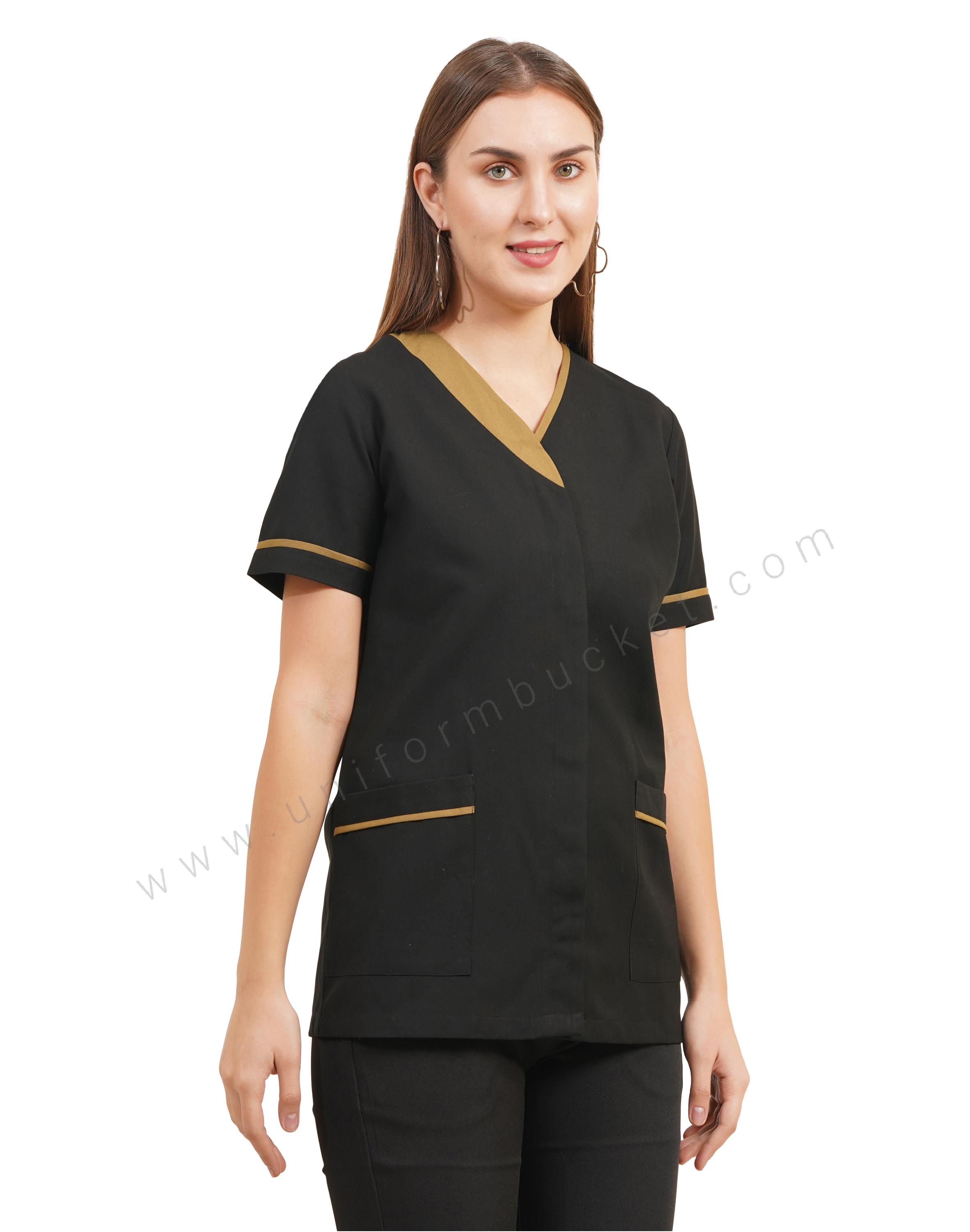 Black V-Neck Salon Tunic with Contrast Khaki Trim for female