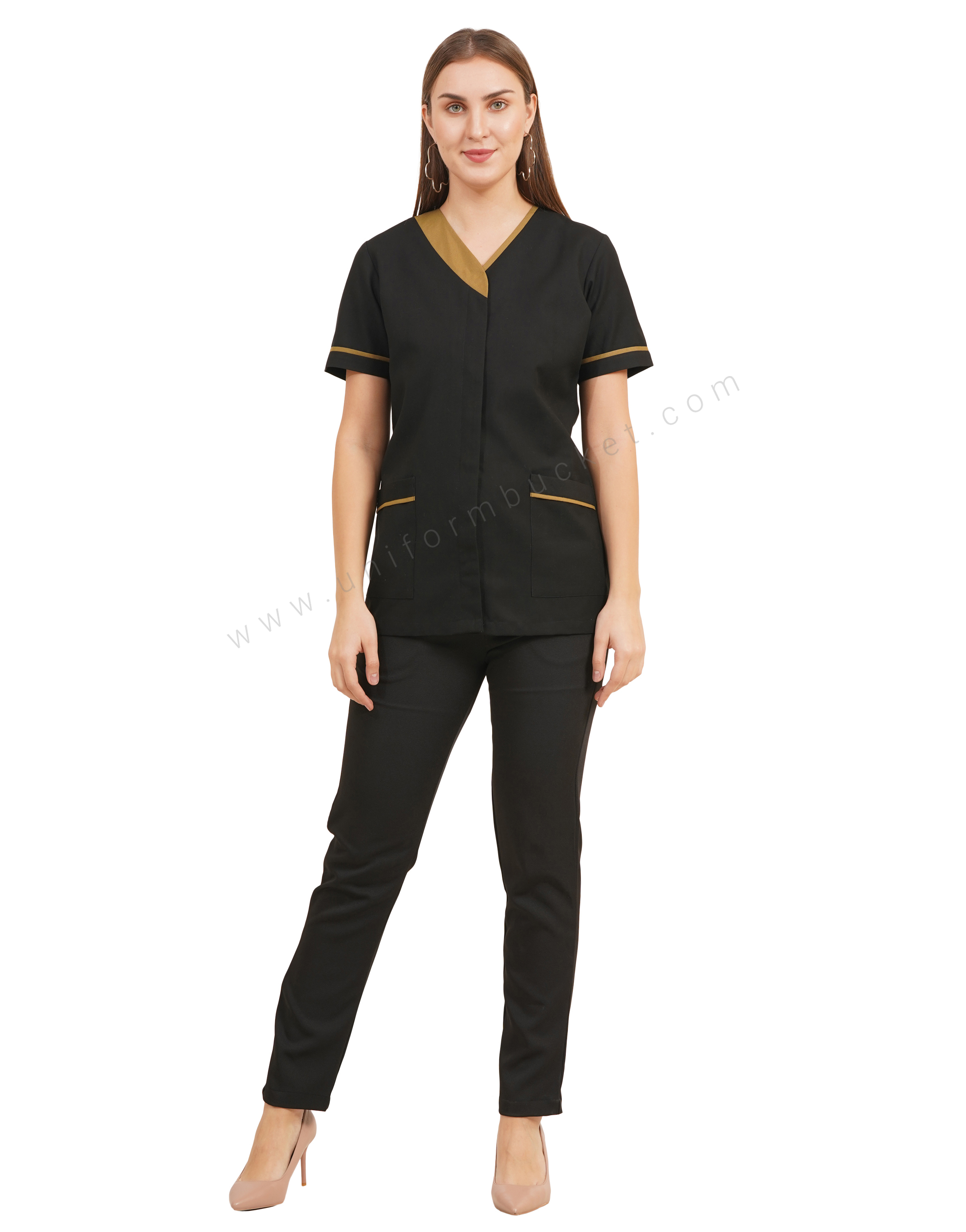 Black V-Neck Salon Tunic with Contrast Khaki Trim for female