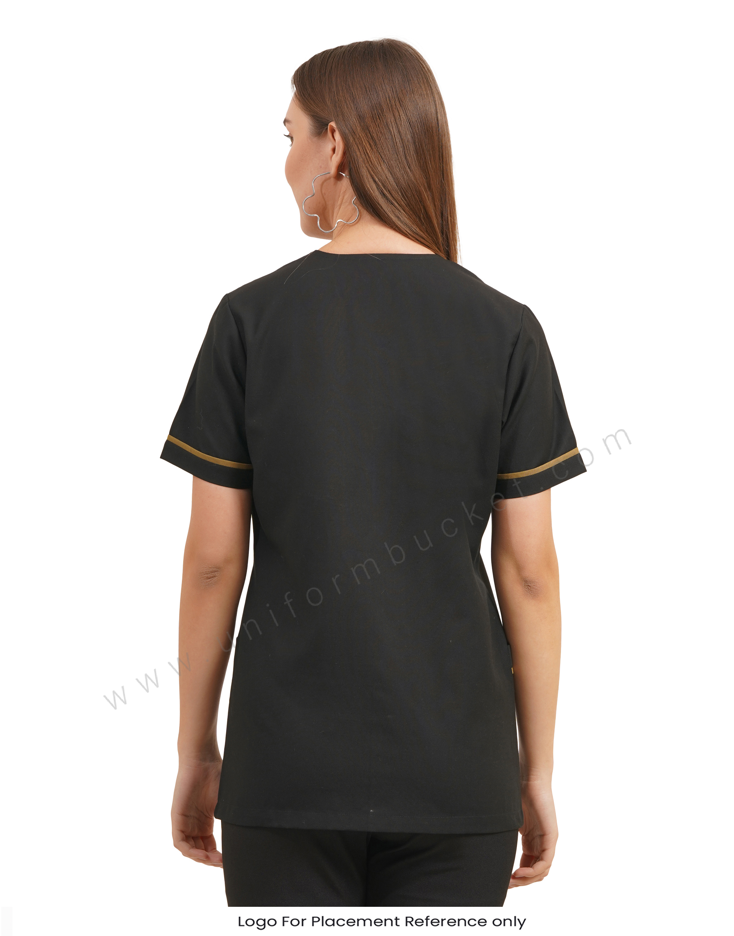 Black V-Neck Salon Tunic with Contrast Khaki Trim for female