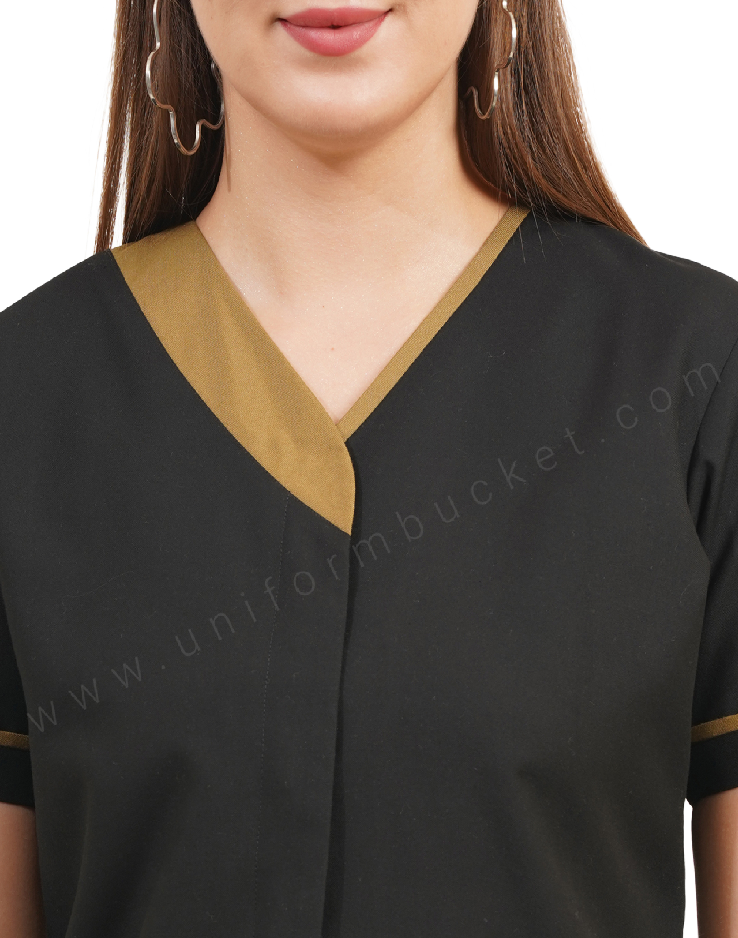 Black V-Neck Salon Tunic with Contrast Khaki Trim for female