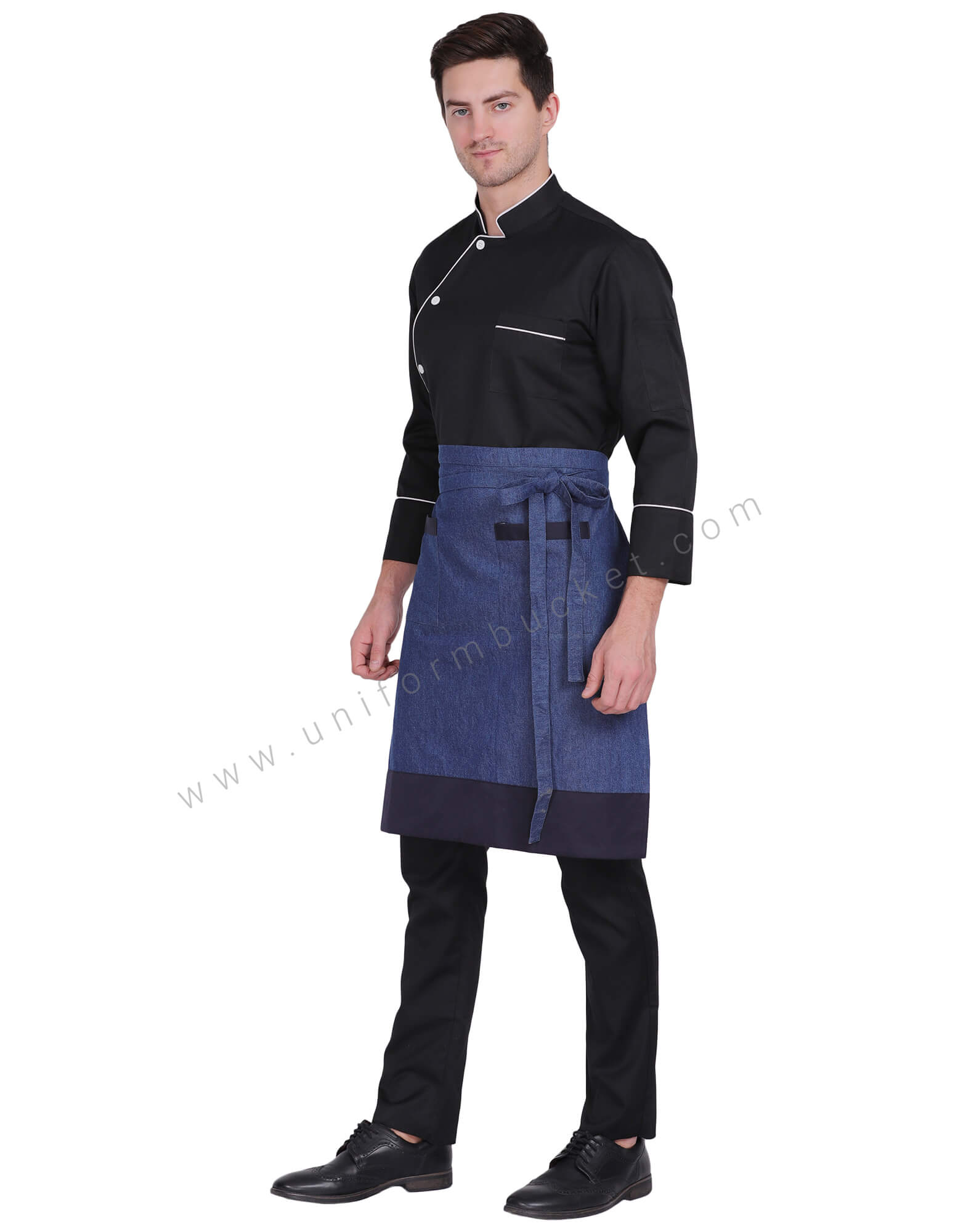 BLUE DENIM APRON WITH NAVY BLUE BOTTOM