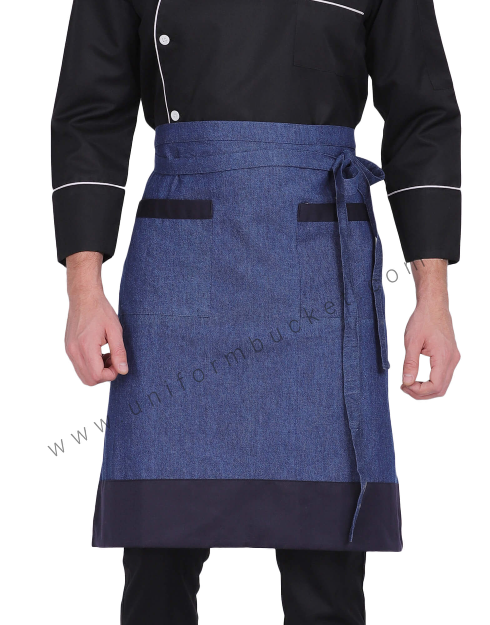 BLUE DENIM APRON WITH NAVY BLUE BOTTOM