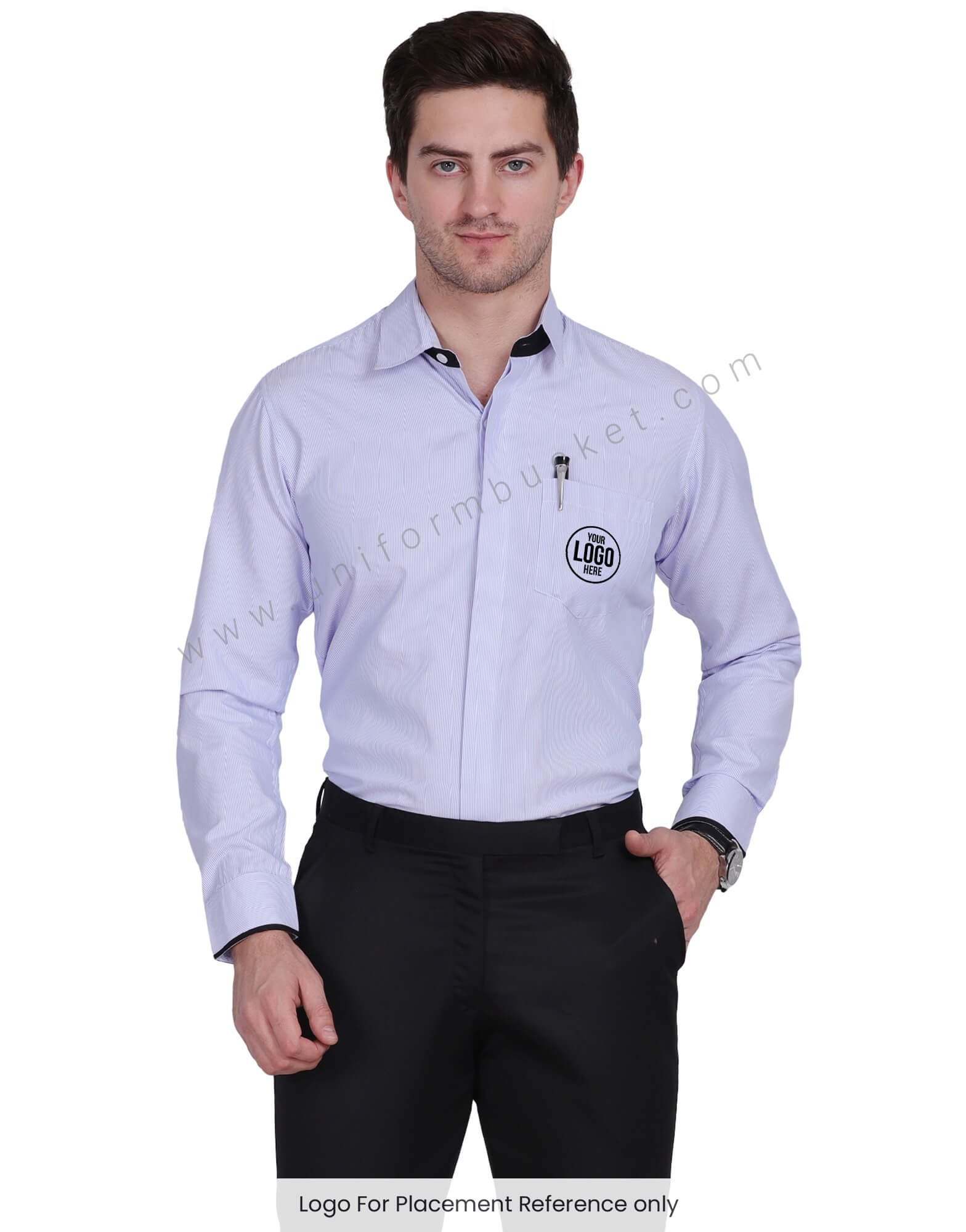 BLUE & WHITE LINING HIDDEN PLACKET SHIRT WITH BLACK TRIM